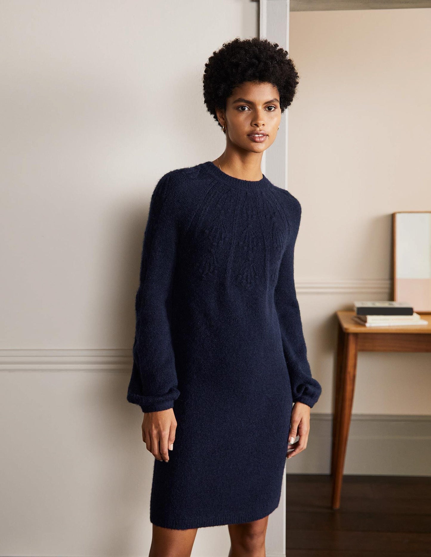 Cable Knitted Dress-Navy