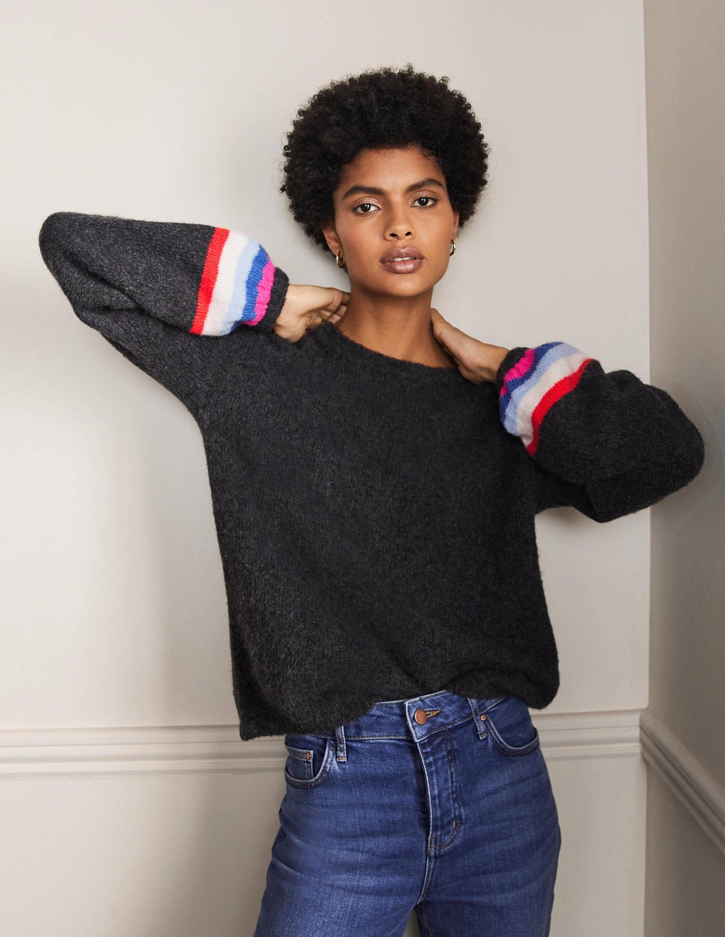 Fluffy Stripe Jumper-Charcoal Melange