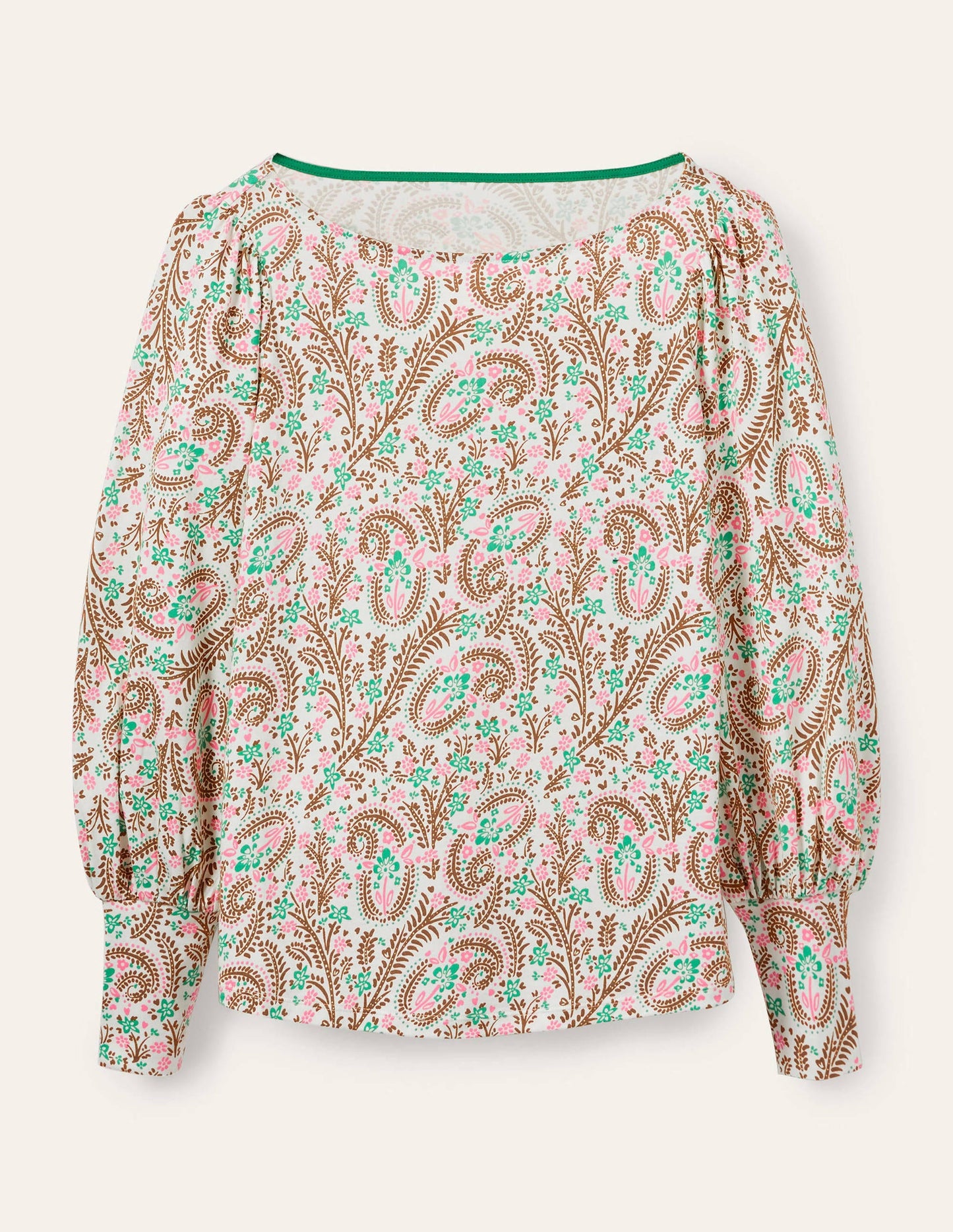 Blouson Jersey Top-Ivory, Floral Paisley