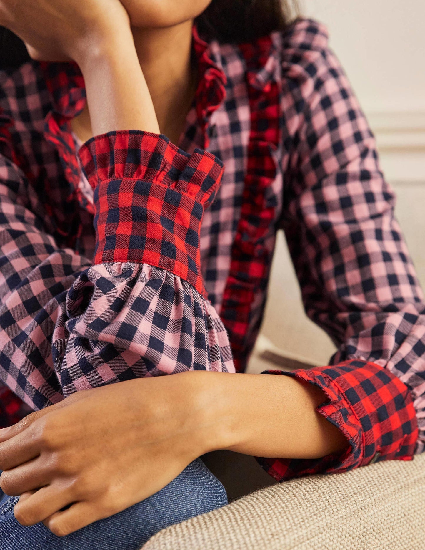 Isla Frill Detail Blouse-Formica Pink and Navy Gingham