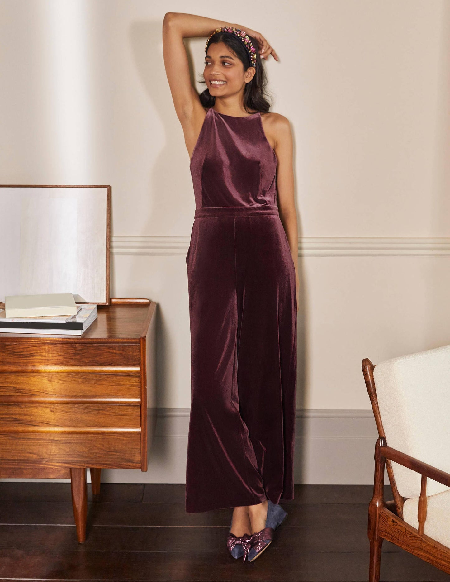 Halterneck Velvet Jumpsuit-Deep Wisteria