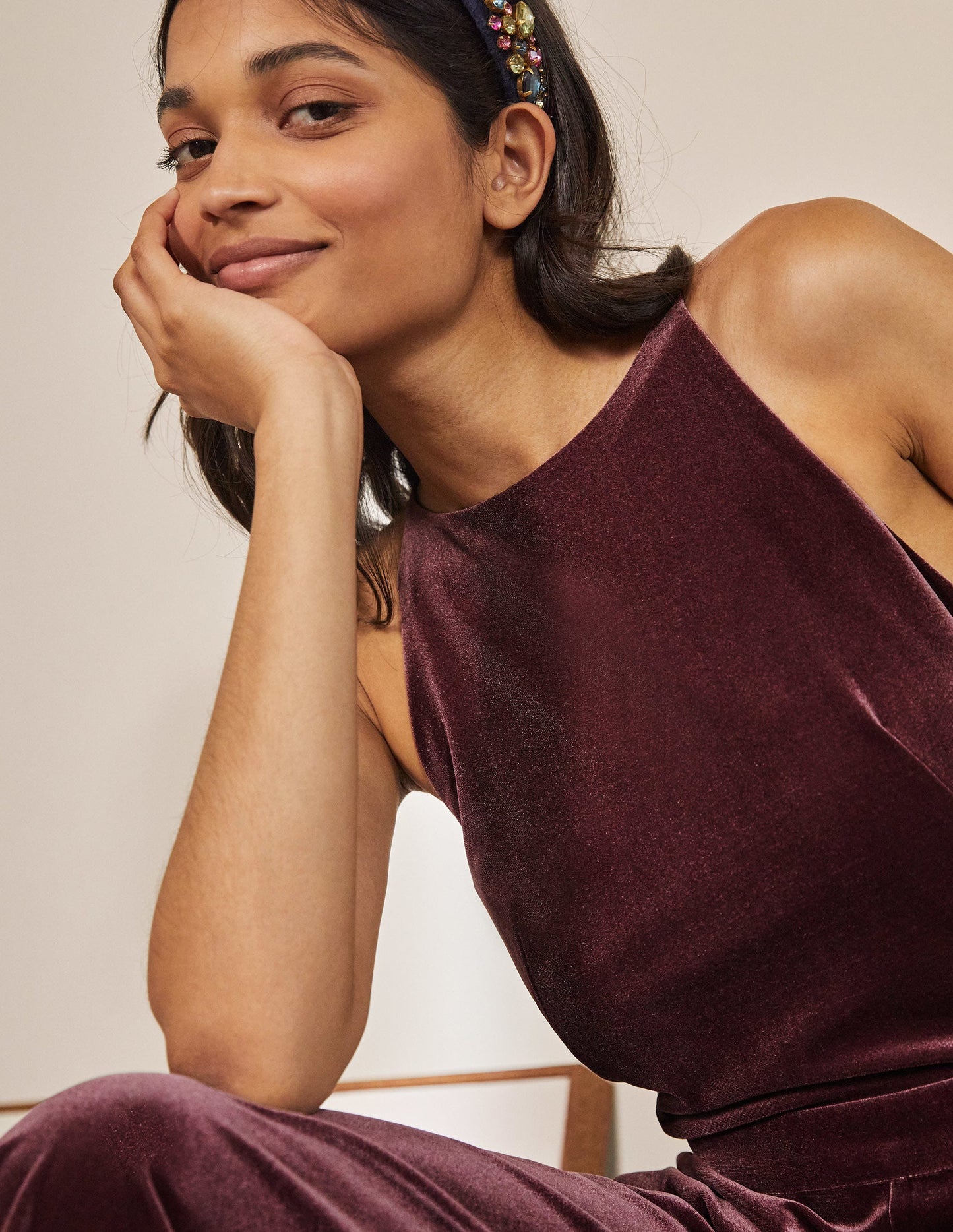 Halterneck Velvet Jumpsuit-Deep Wisteria