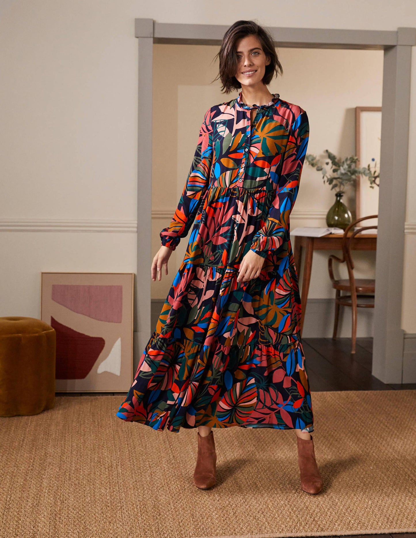 Tiered Maxi Shirt Dress-French Navy, Tropic Palm