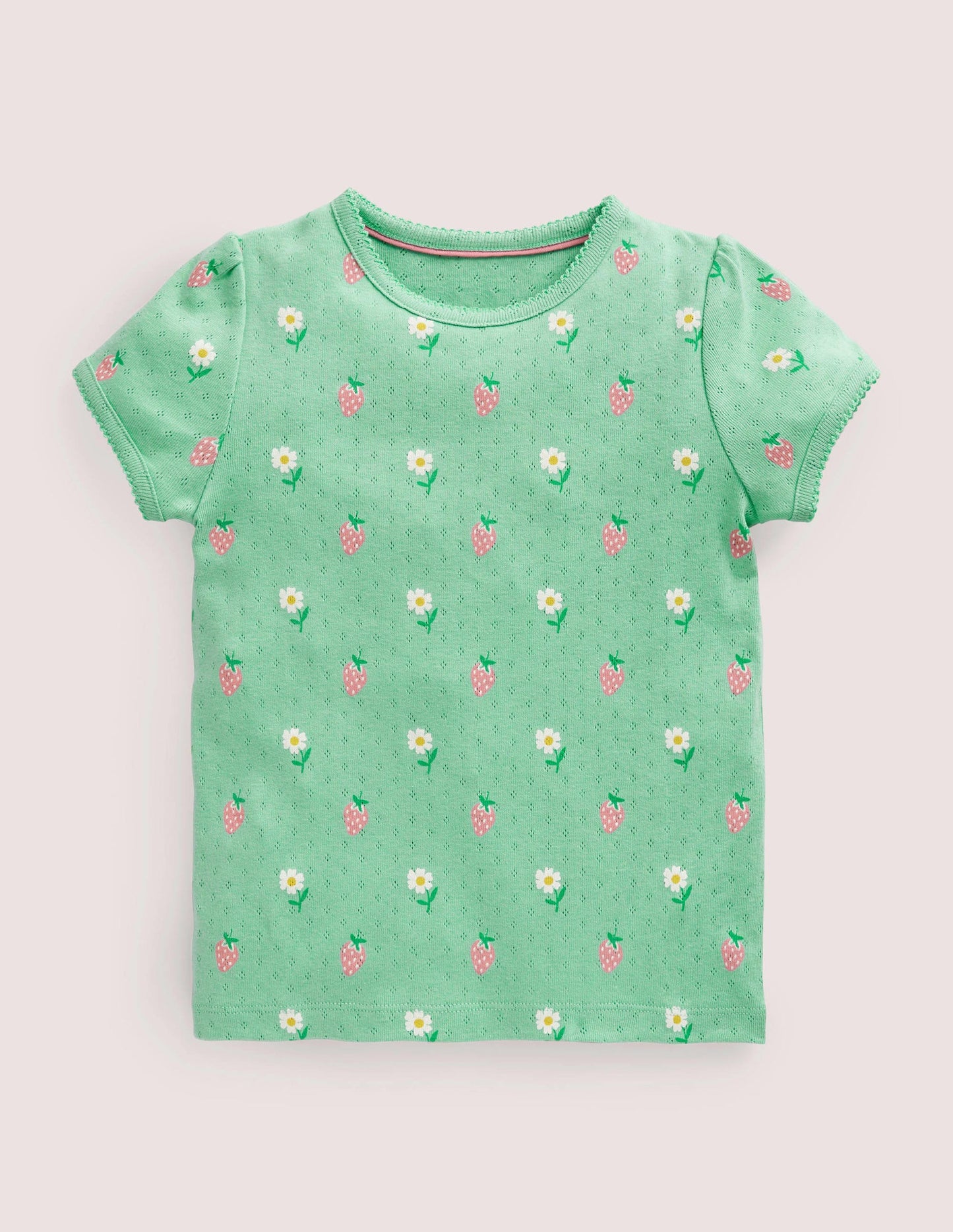 Short-Sleeved Pointelle Top-Green Daisies/Strawberries