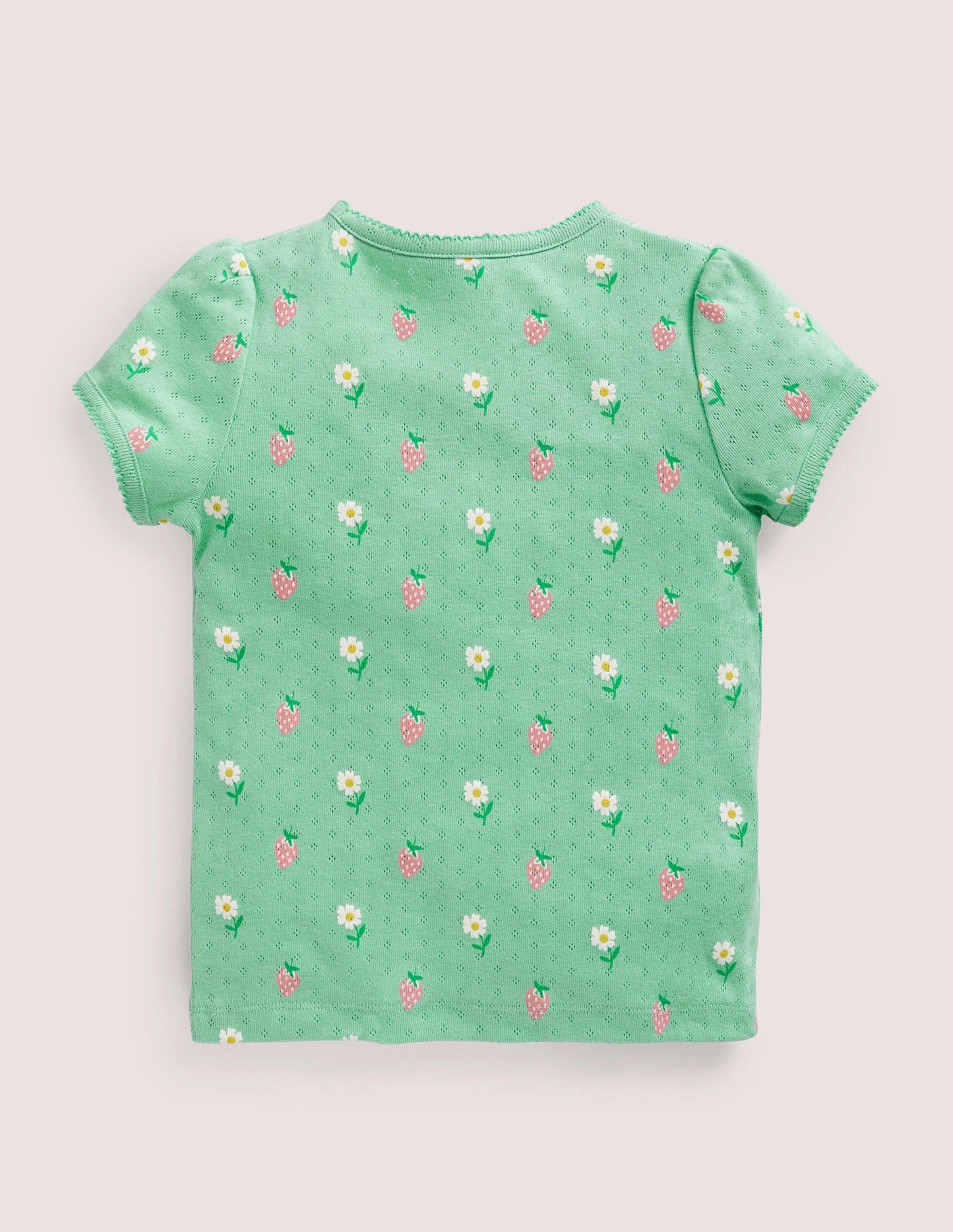 Short-Sleeved Pointelle Top-Green Daisies/Strawberries