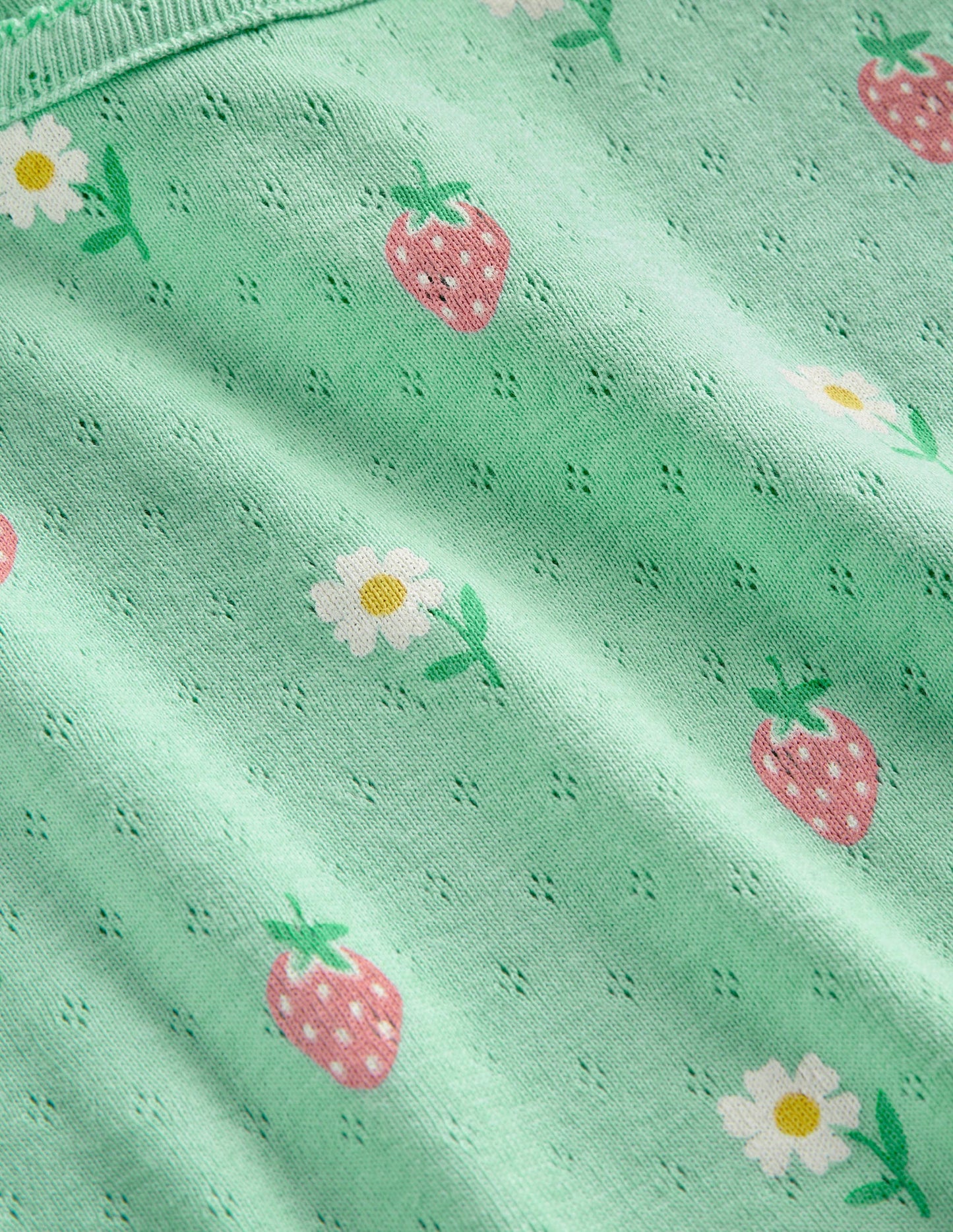 Short-Sleeved Pointelle Top-Green Daisies/Strawberries