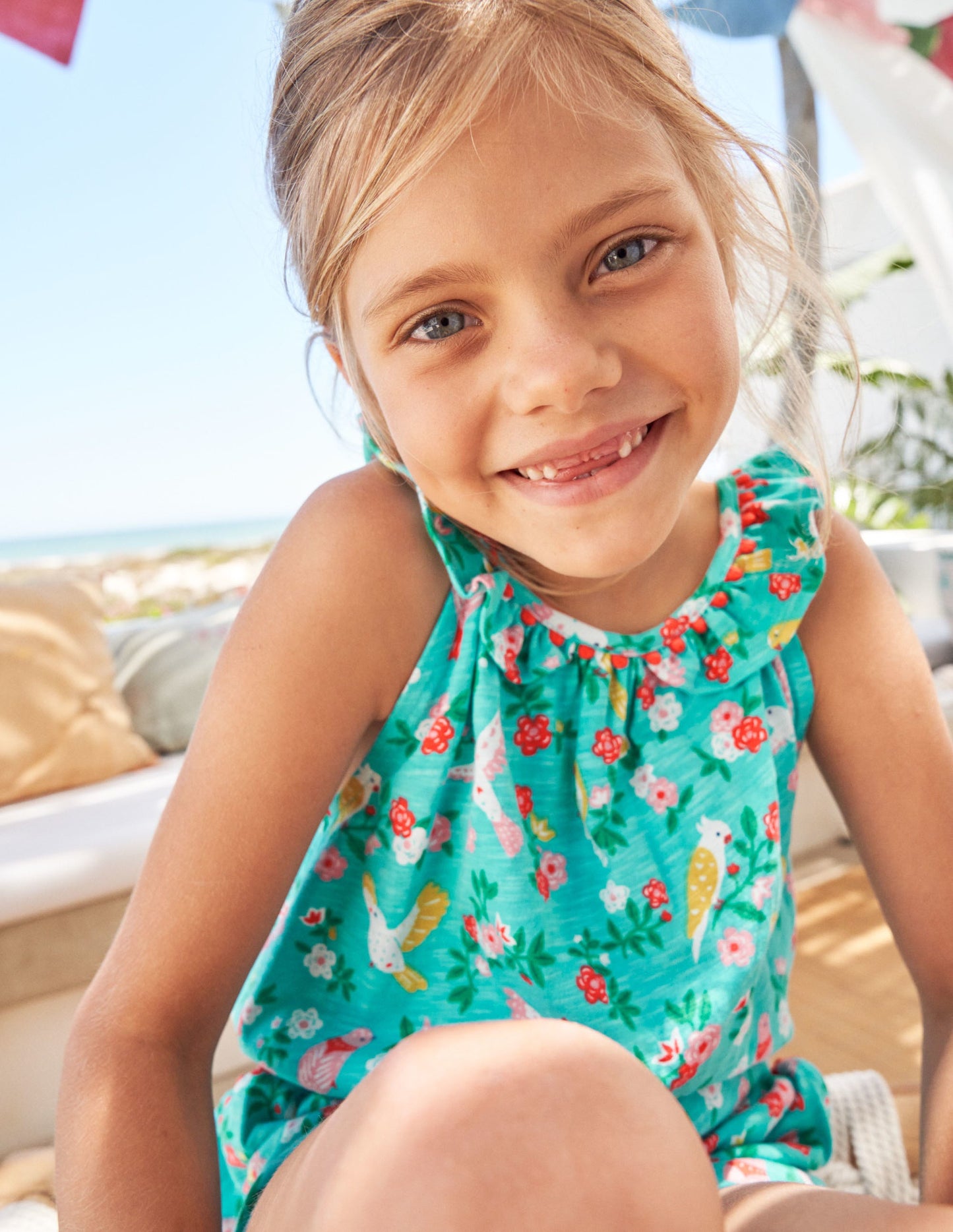 Charlie Pom Jersey Playsuit-Turquoise Tropical Garden