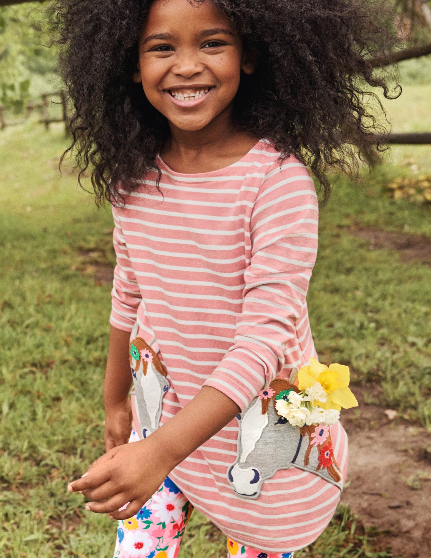 Appliqué Pocket Tunic-Almond Pink/Ivory Horse