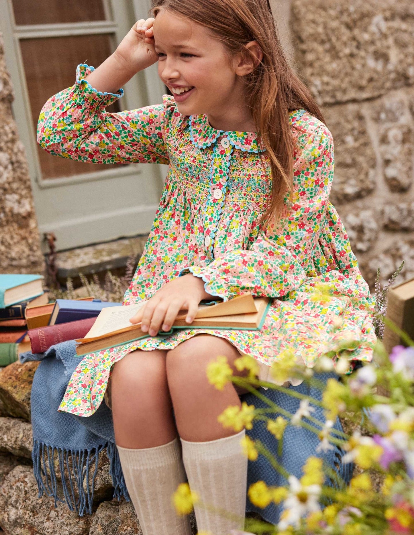Button-through Smocked Dress-Multi Spring Floral
