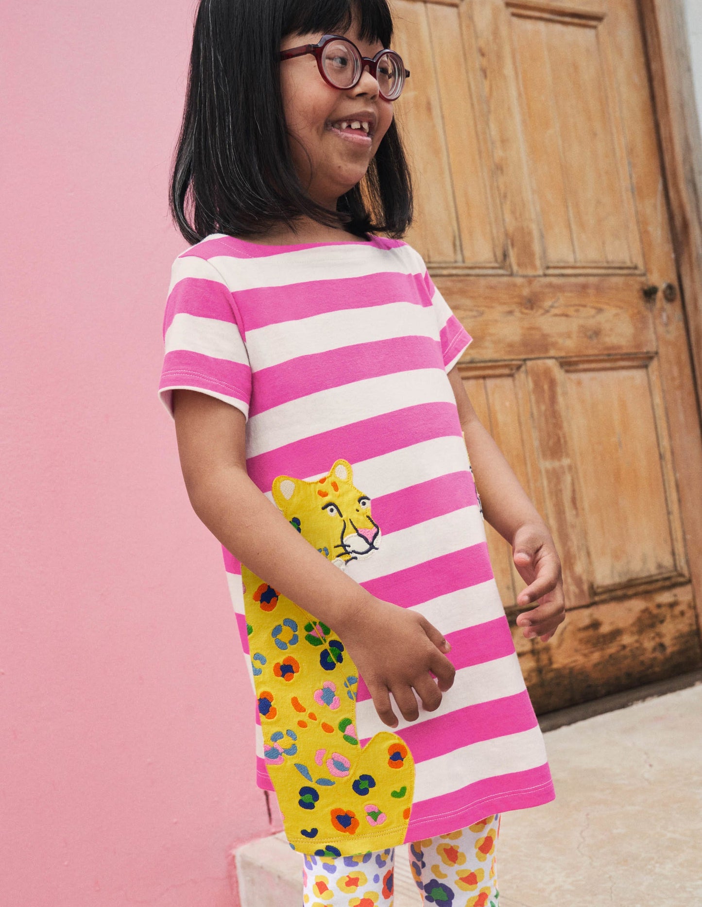 Short Sleeve Appliqué Tunic-Tickled Pink / Ivory Cheetah