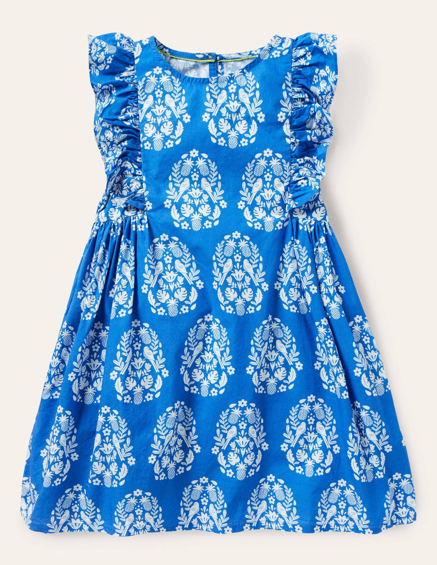 Frill Sleeve Printed Dress-Bright Marina Blue Woodblock