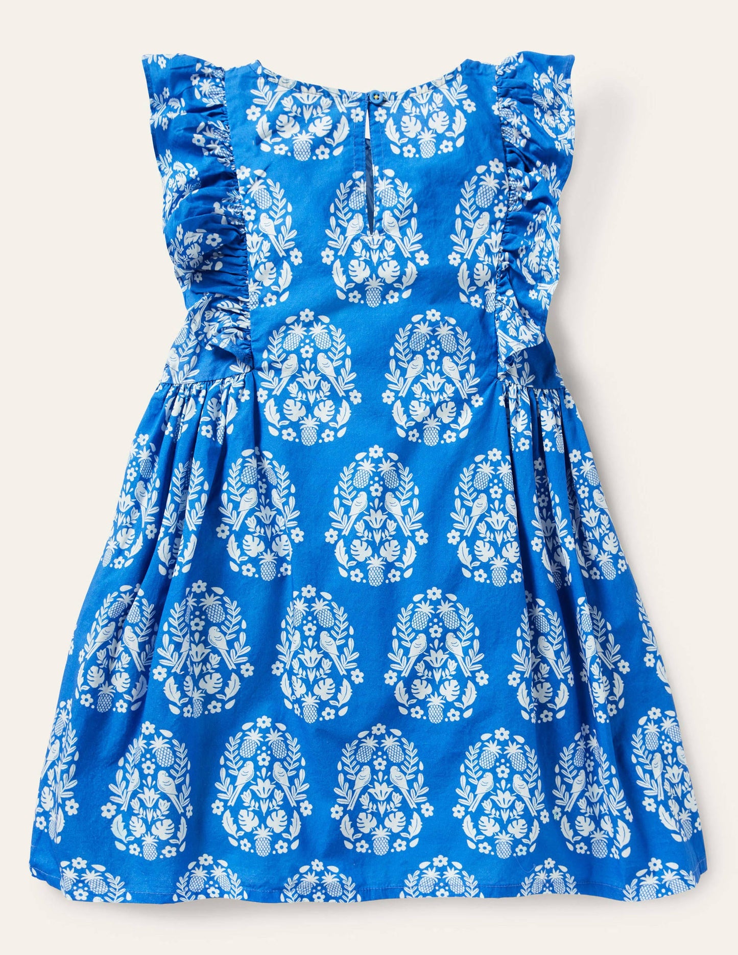 Frill Sleeve Printed Dress-Bright Marina Blue Woodblock