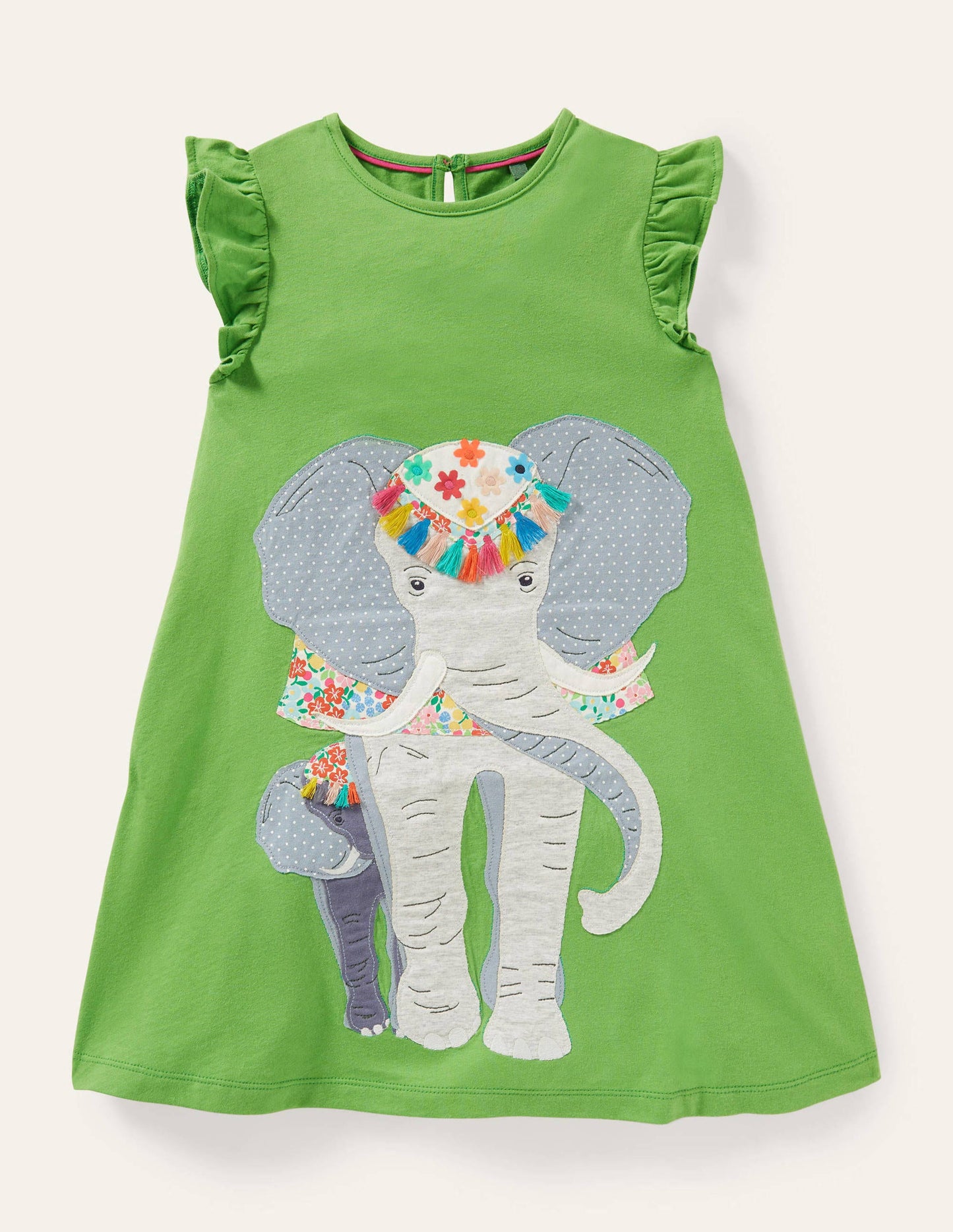 Frill Sleeve Appliqué Dress-Greenfinch Elephant