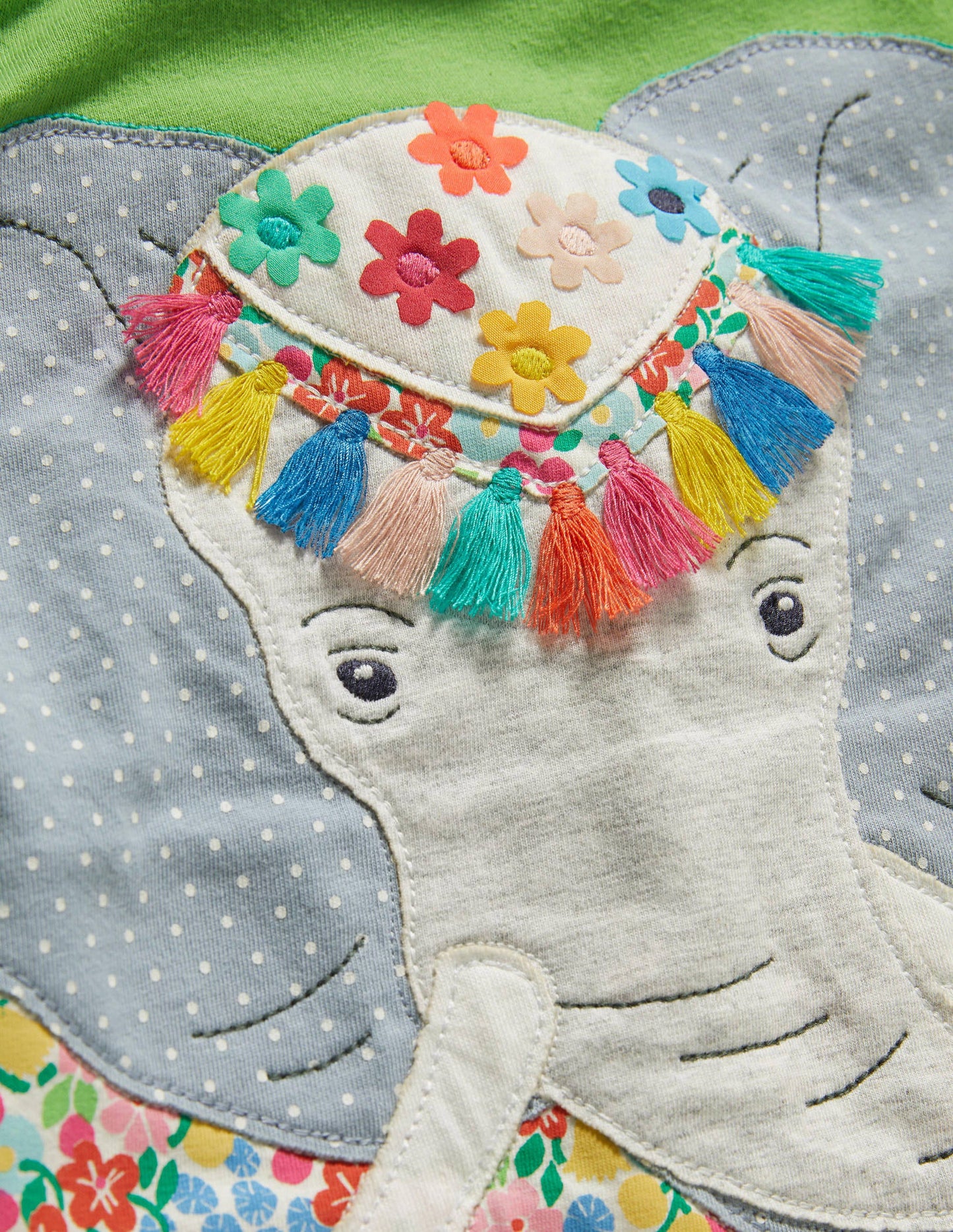 Frill Sleeve Appliqué Dress-Greenfinch Elephant