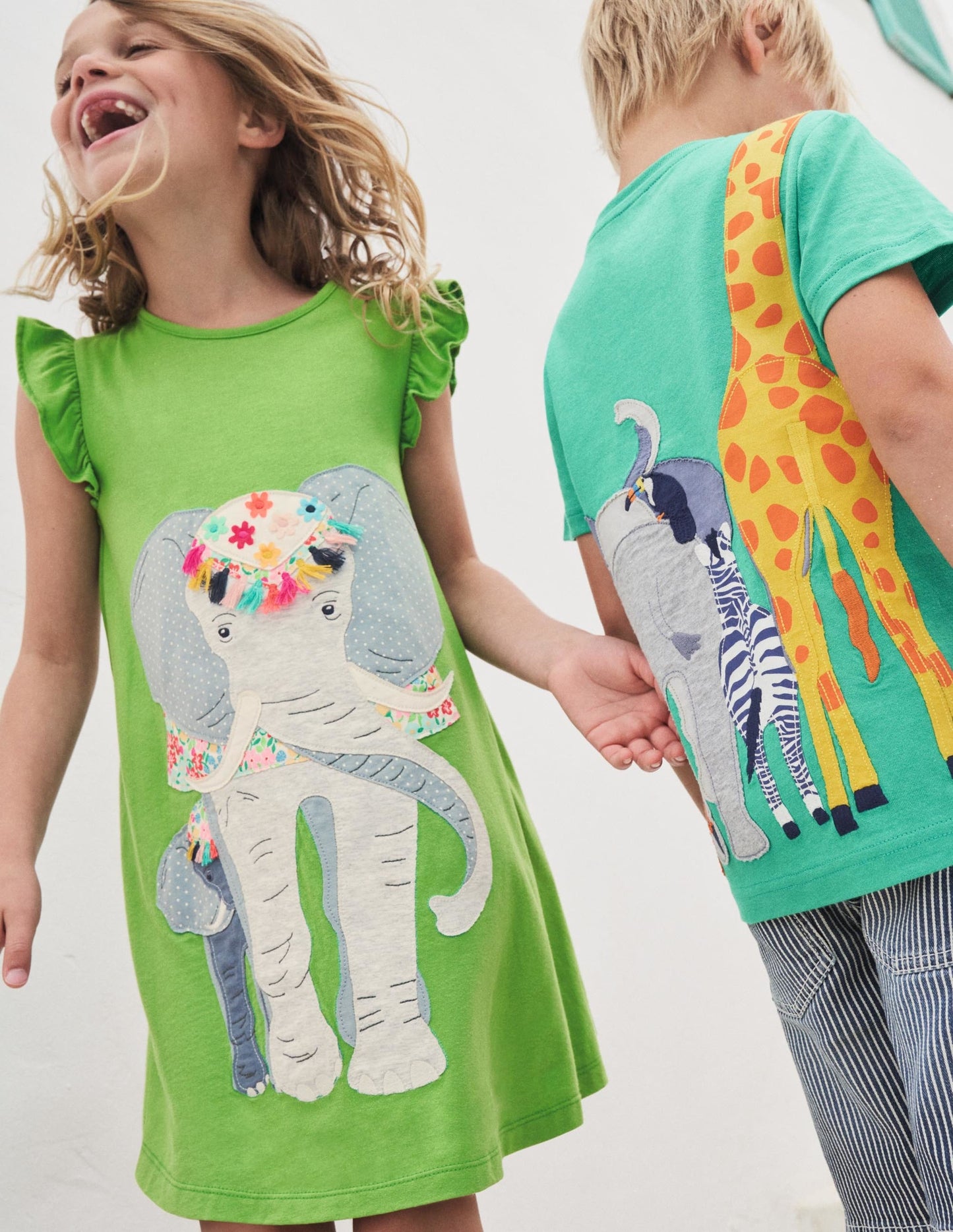 Frill Sleeve Appliqué Dress-Greenfinch Elephant