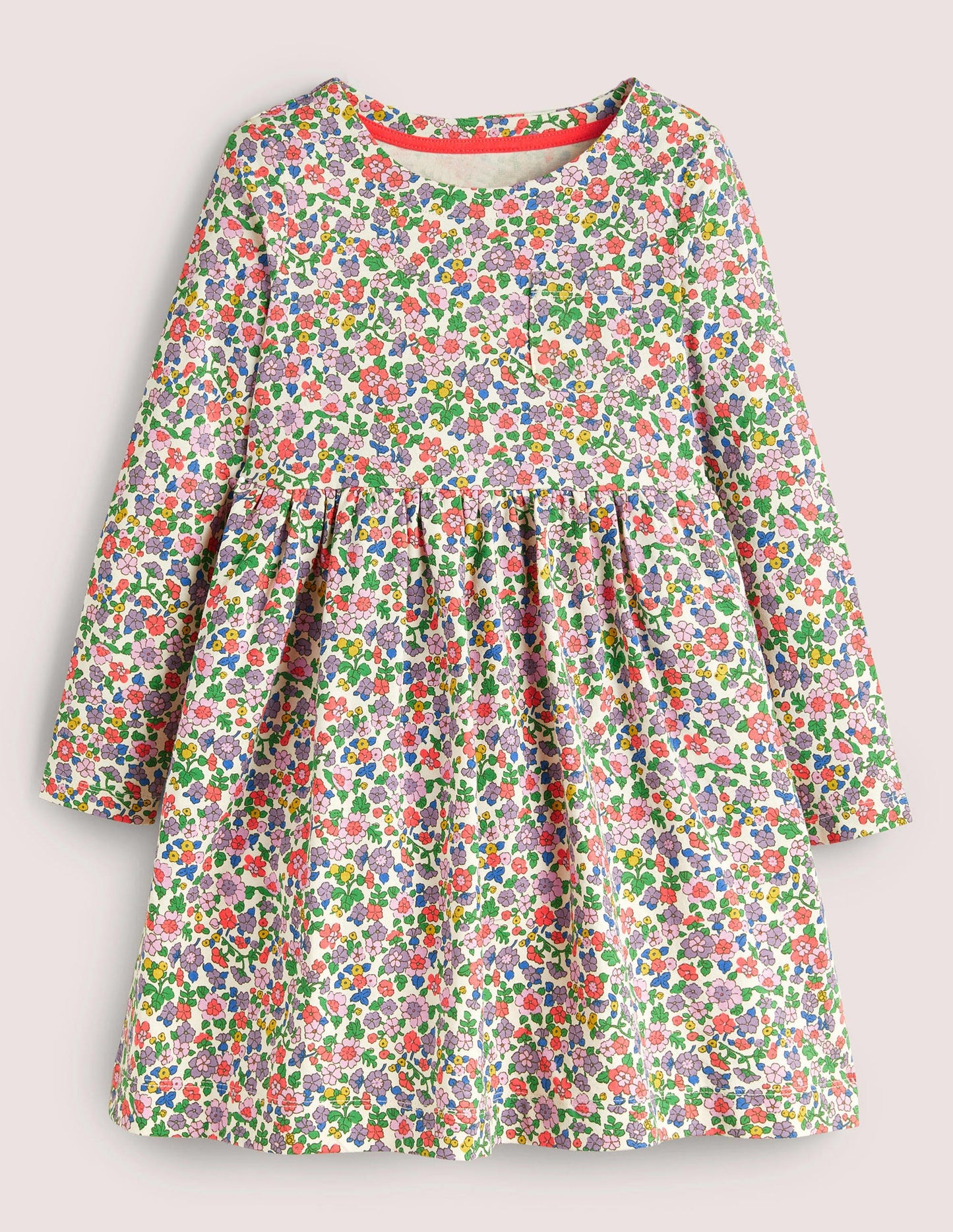 Long Sleeve Fun Jersey Dress-Ivory/Aster Purple Floral
