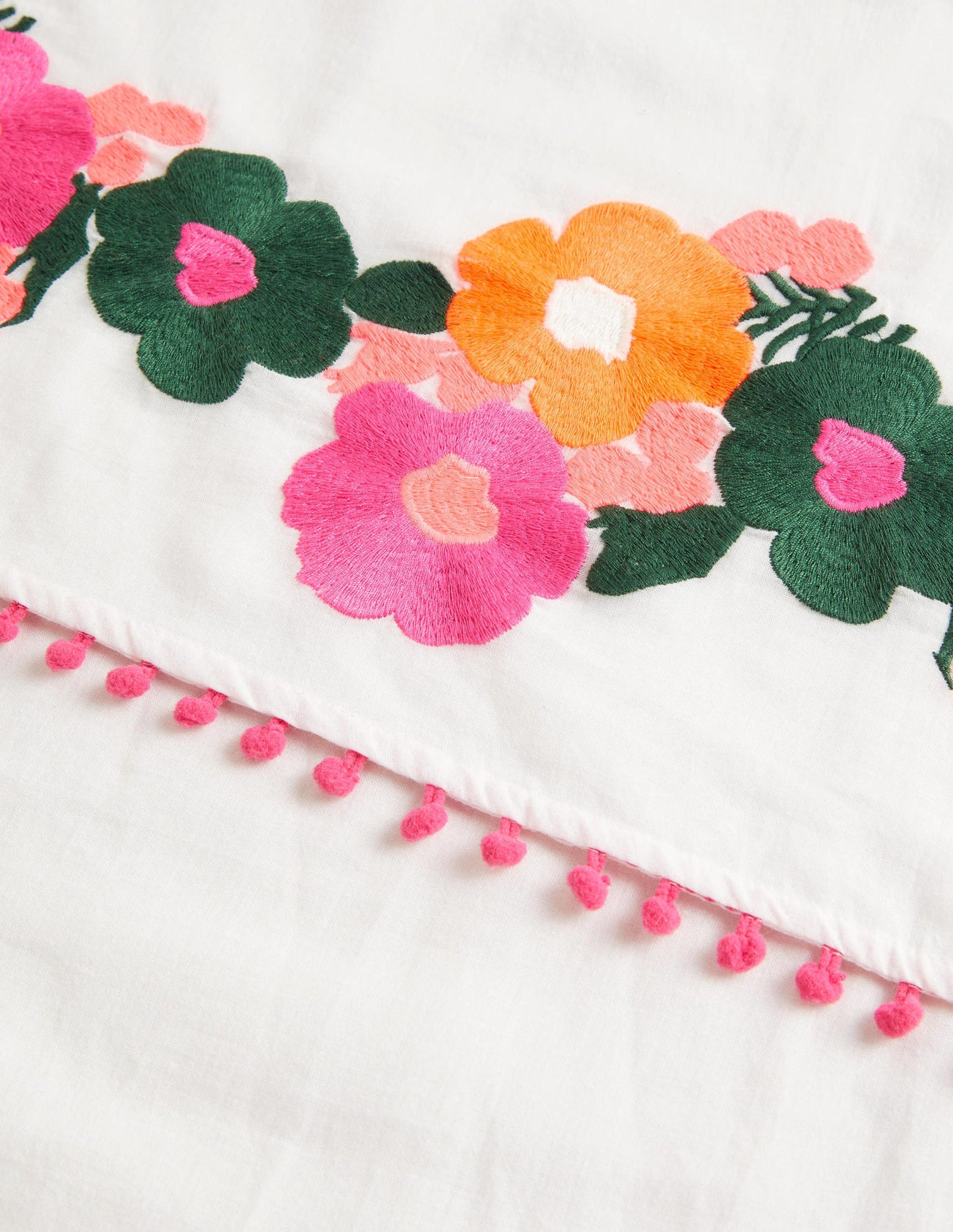 Embroidered Pompom Scarf-White