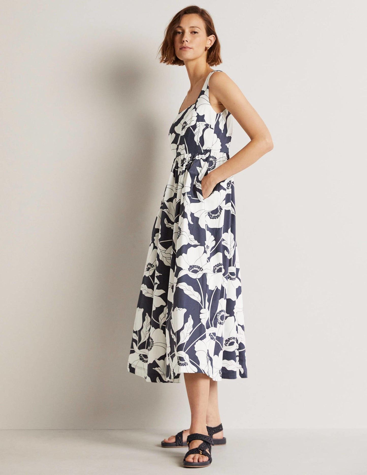 Violet Square Neck Midi Dress-Navy, Elegant Vine
