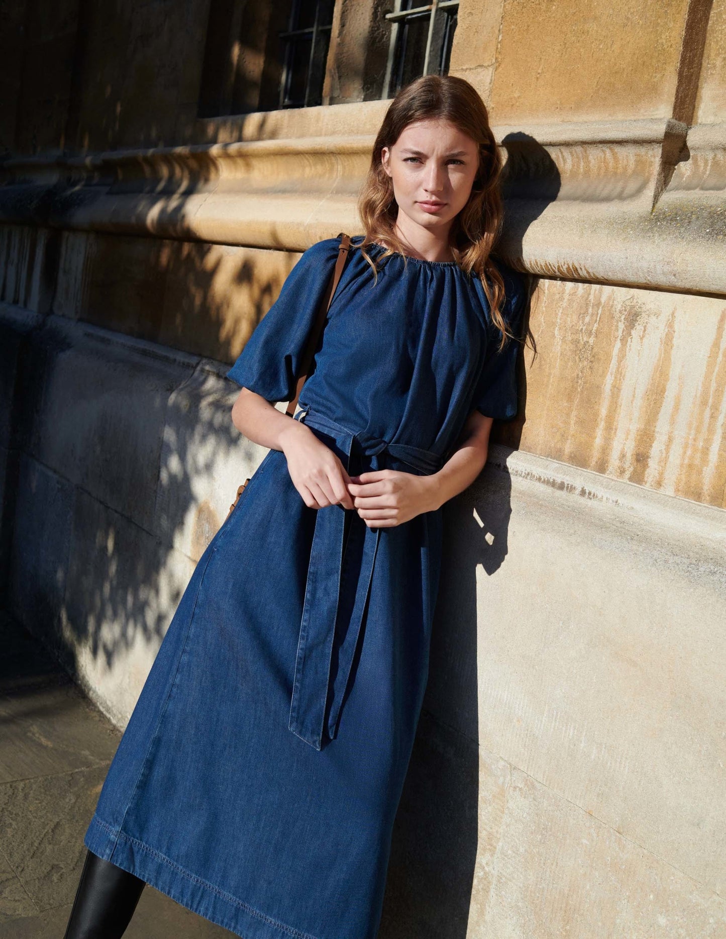 Puff Sleeve Column Midi Dress-Mid Denim