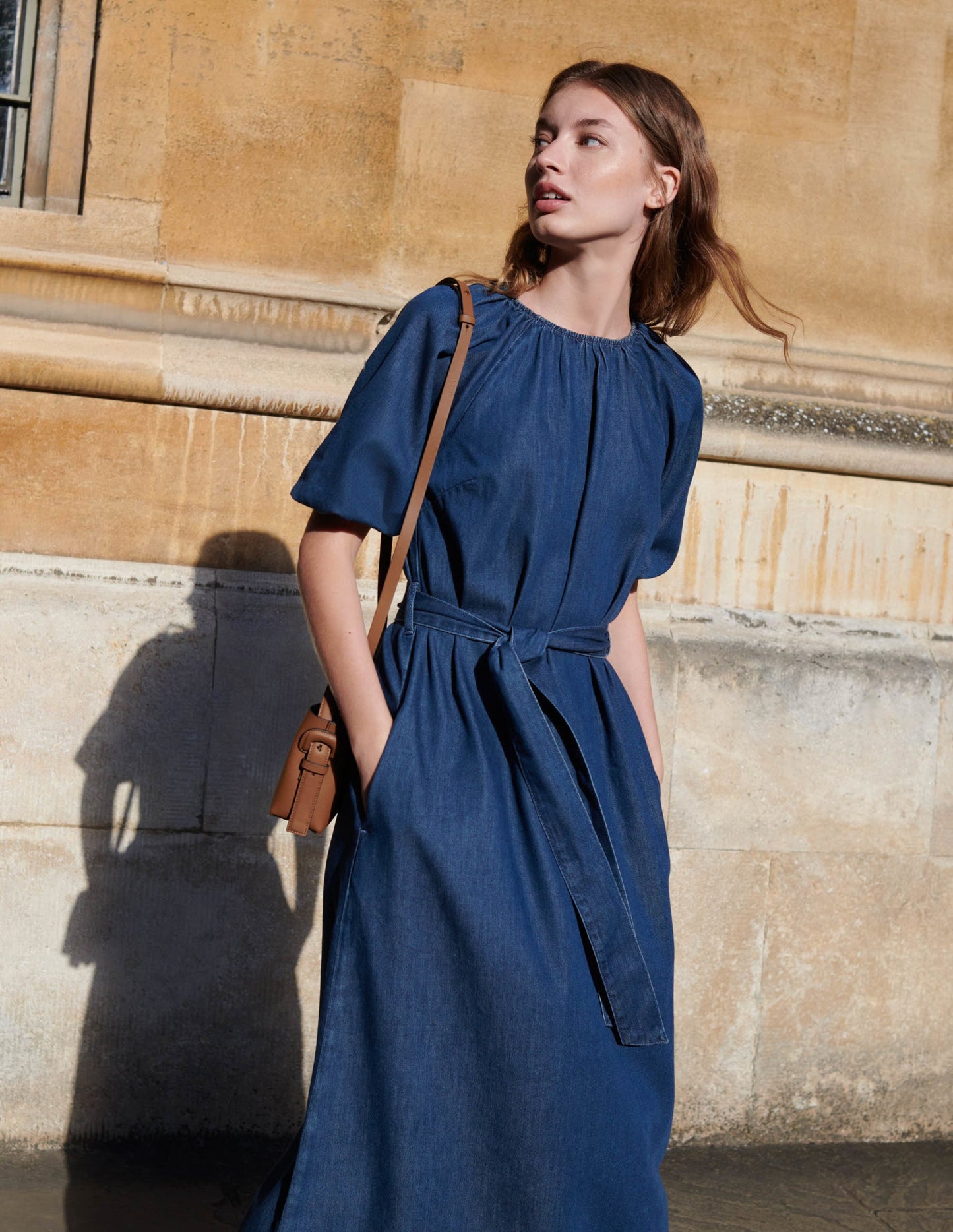 Puff Sleeve Column Midi Dress-Mid Denim