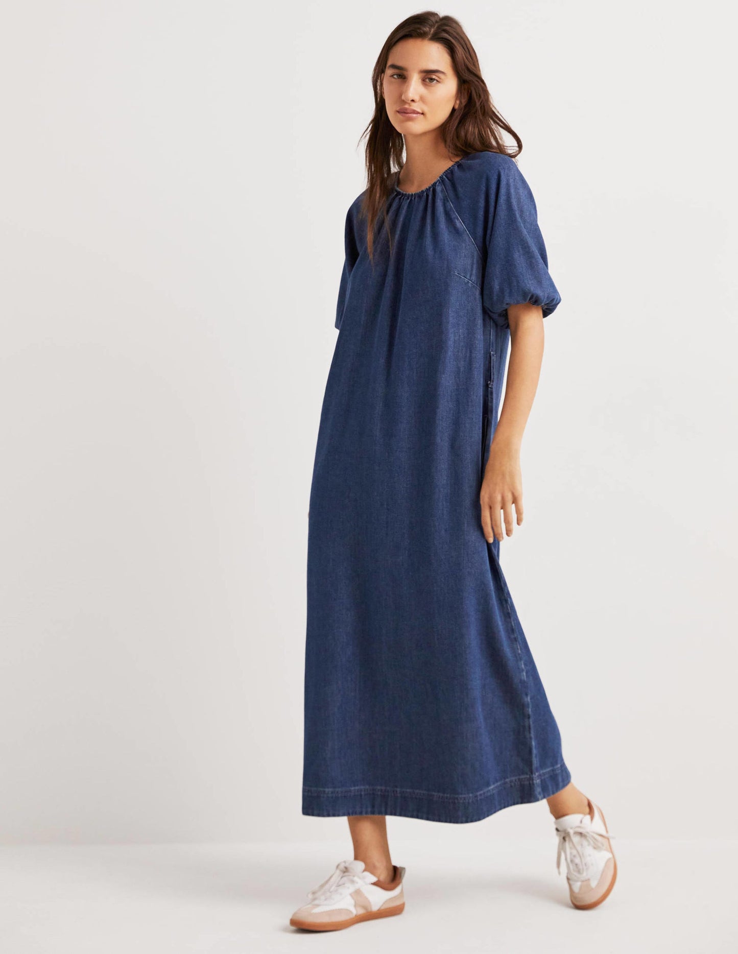 Puff Sleeve Column Midi Dress-Mid Denim