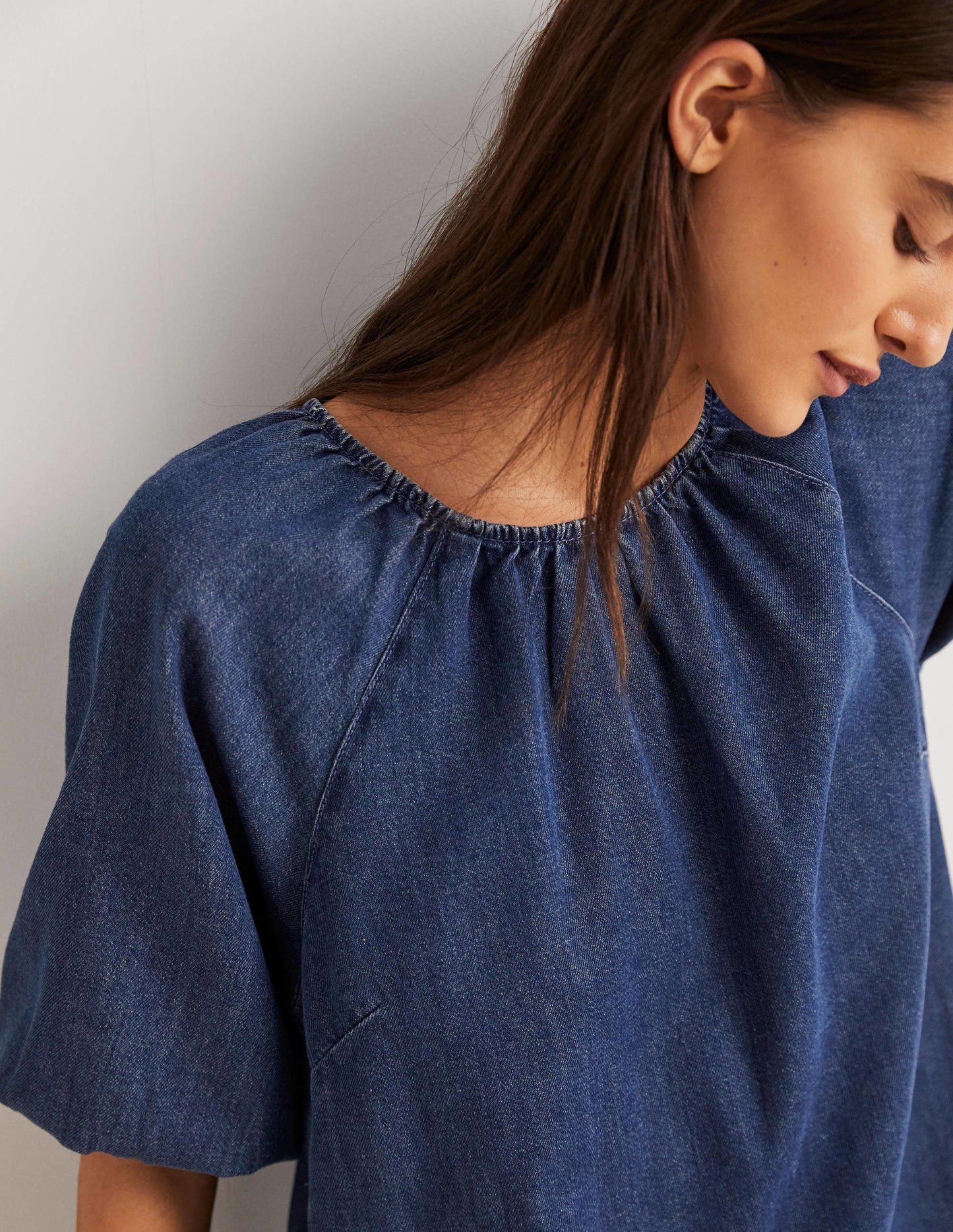 Puff Sleeve Column Midi Dress-Mid Denim