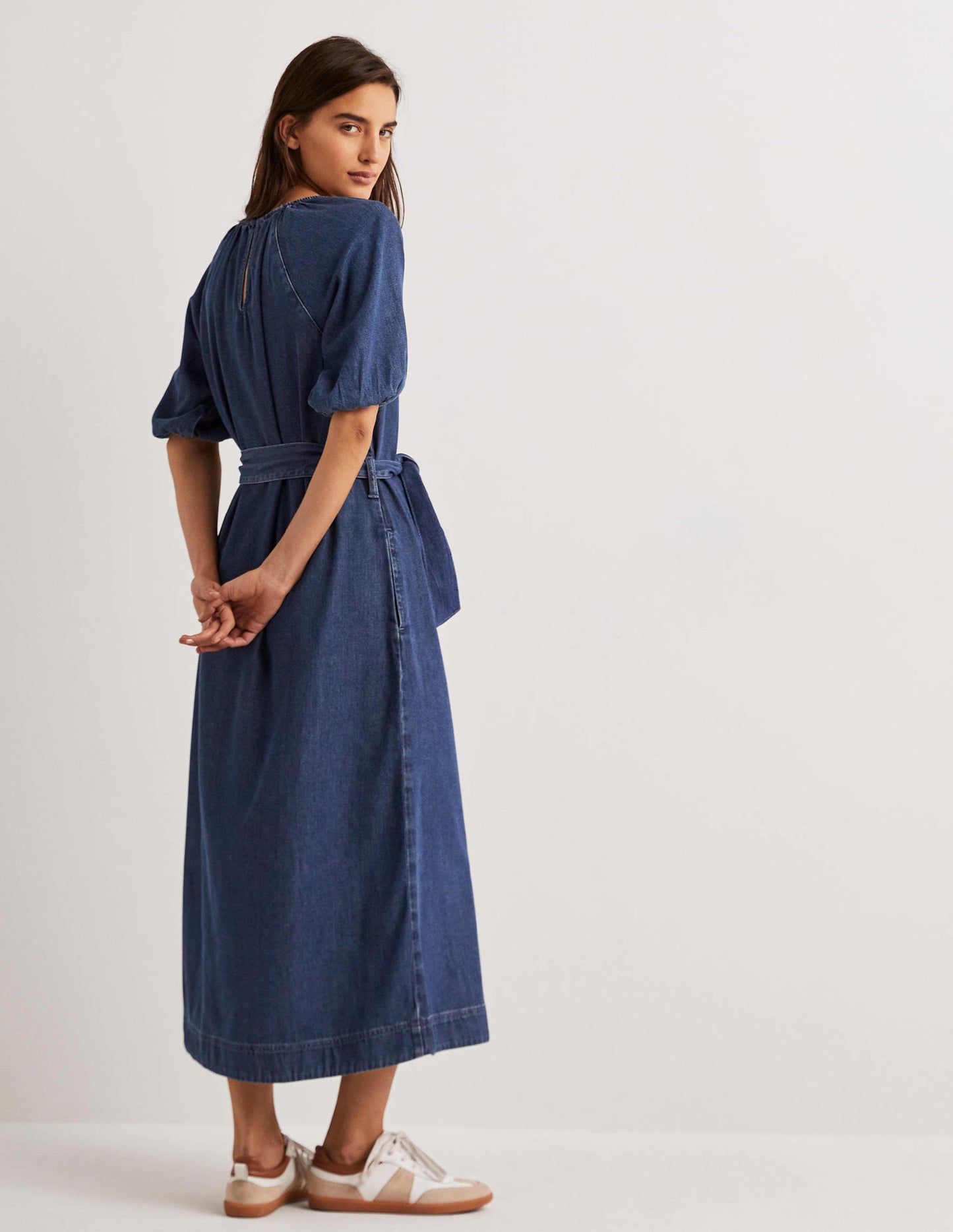 Puff Sleeve Column Midi Dress-Mid Denim
