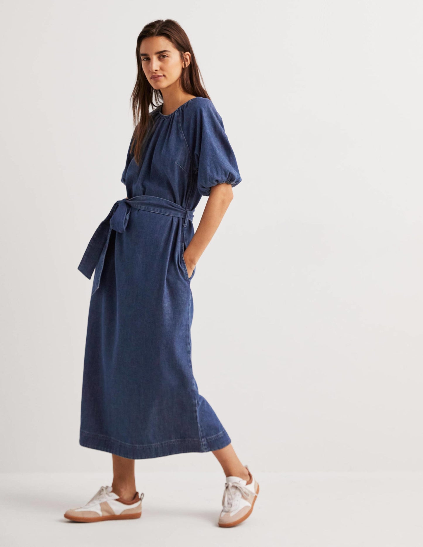 Puff Sleeve Column Midi Dress-Mid Denim