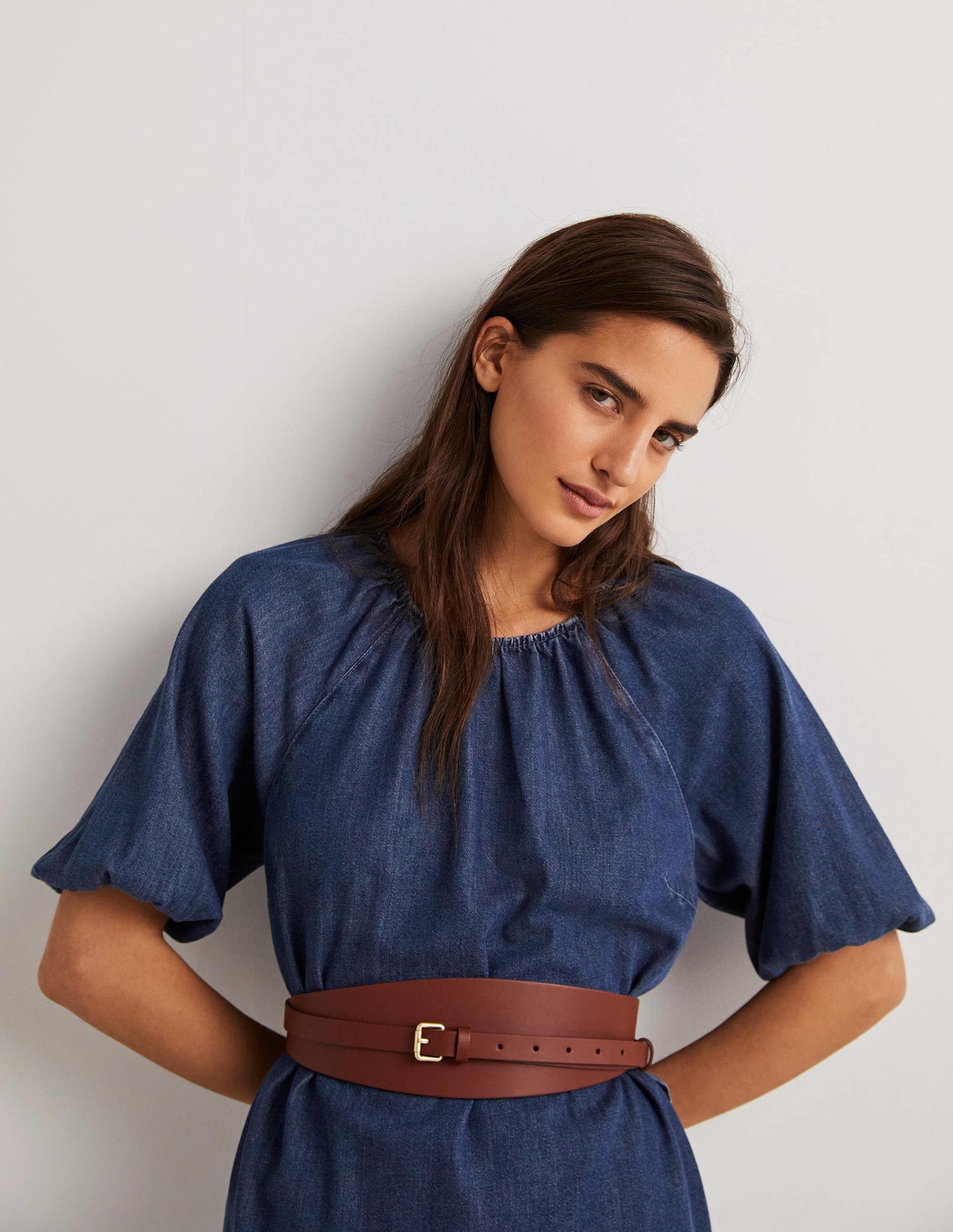 Puff Sleeve Column Midi Dress-Mid Denim