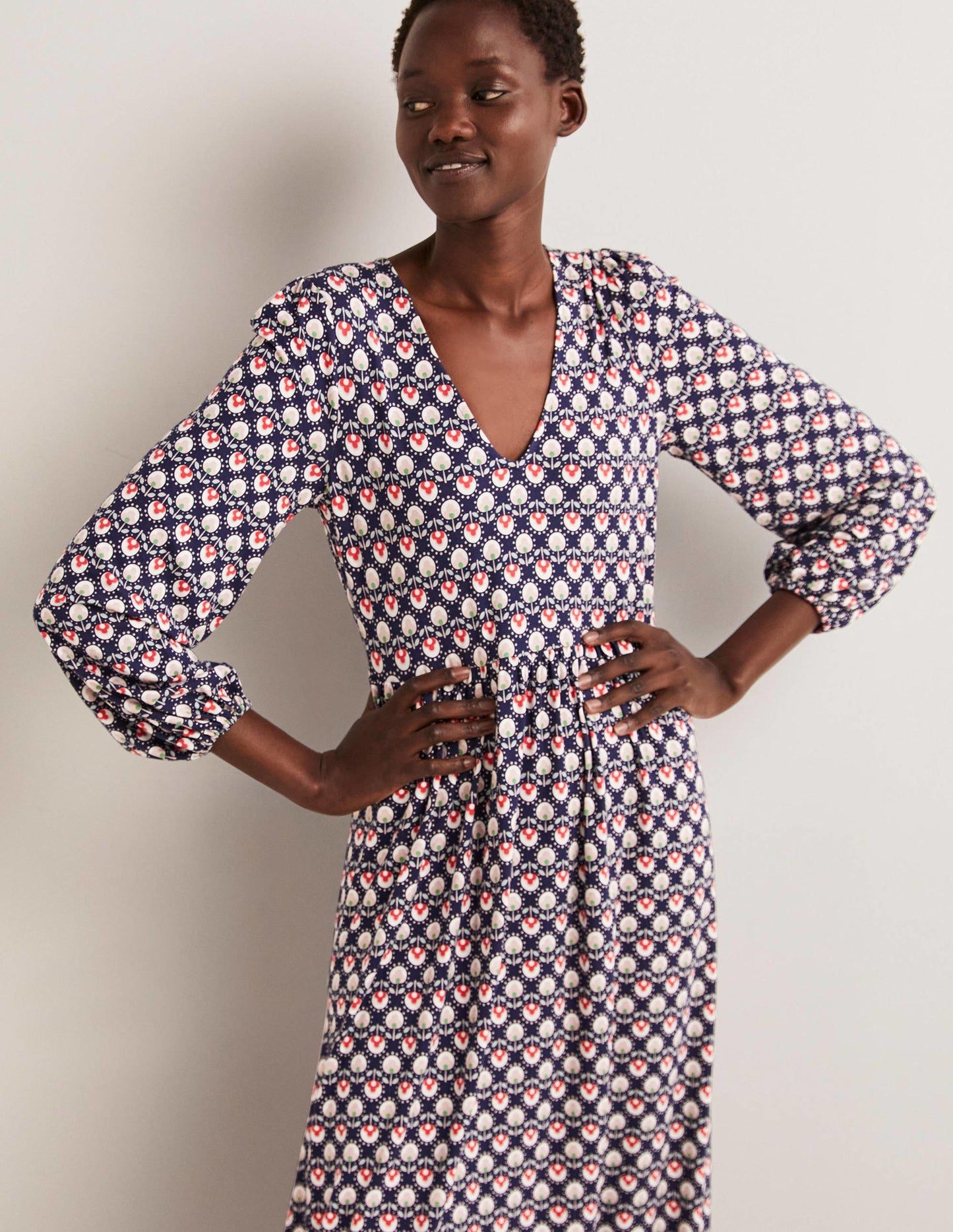 Long Sleeve Jersey Midi Dress-French Navy, Botanic Bud