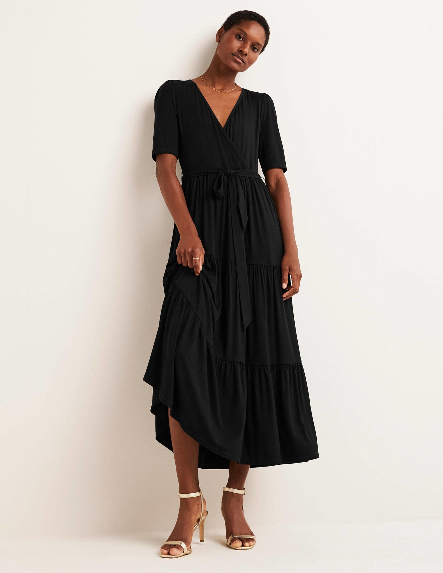 Tiered Wrap Jersey Maxi Dress-Black