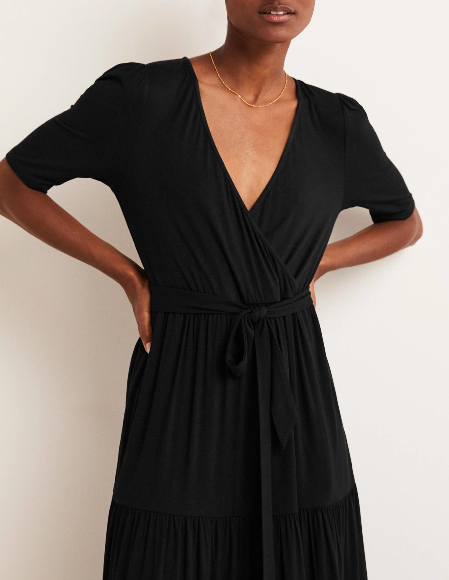 Tiered Wrap Jersey Maxi Dress-Black