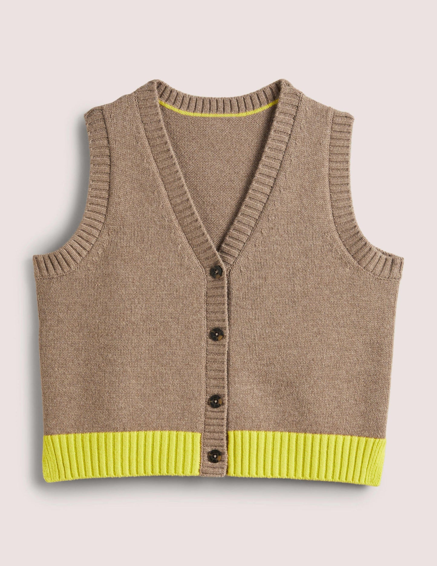 Button Up Knitted Tank Top-Dark Mink Melange, Neon Yellow