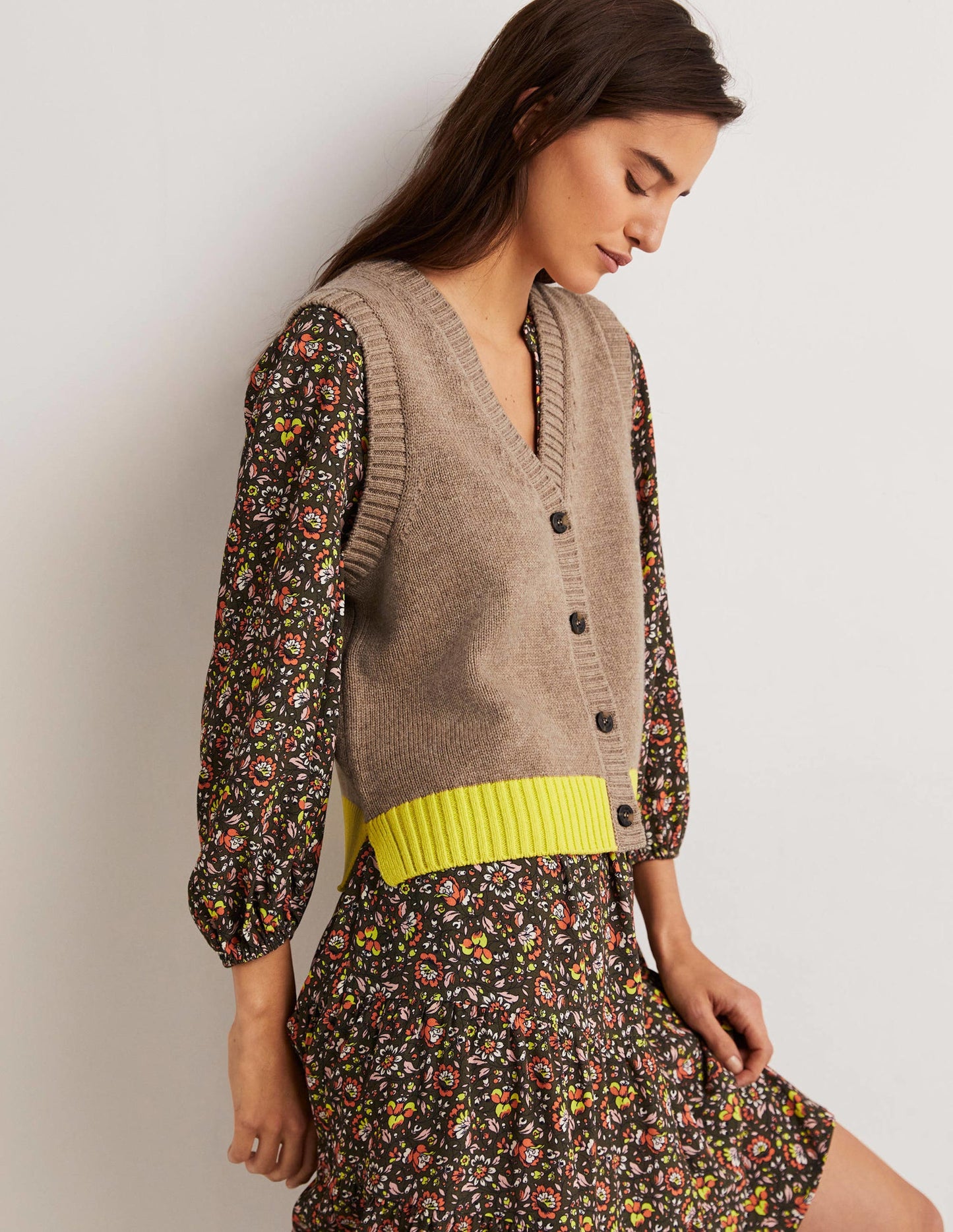 Button Up Knitted Tank Top-Dark Mink Melange, Neon Yellow
