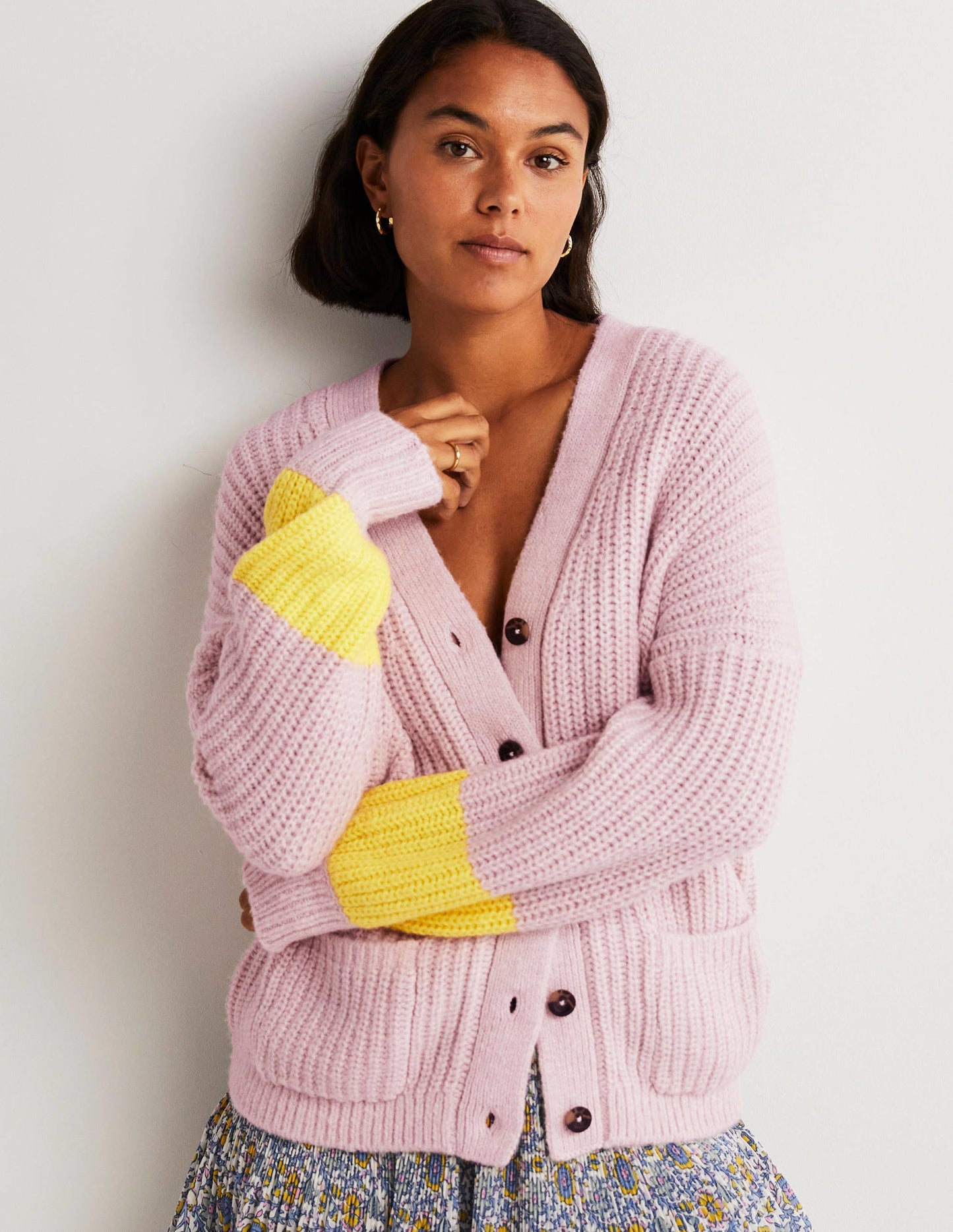 Fluffy Rib Relaxed Cardigan-Milkshake Pink, Neon Yellow