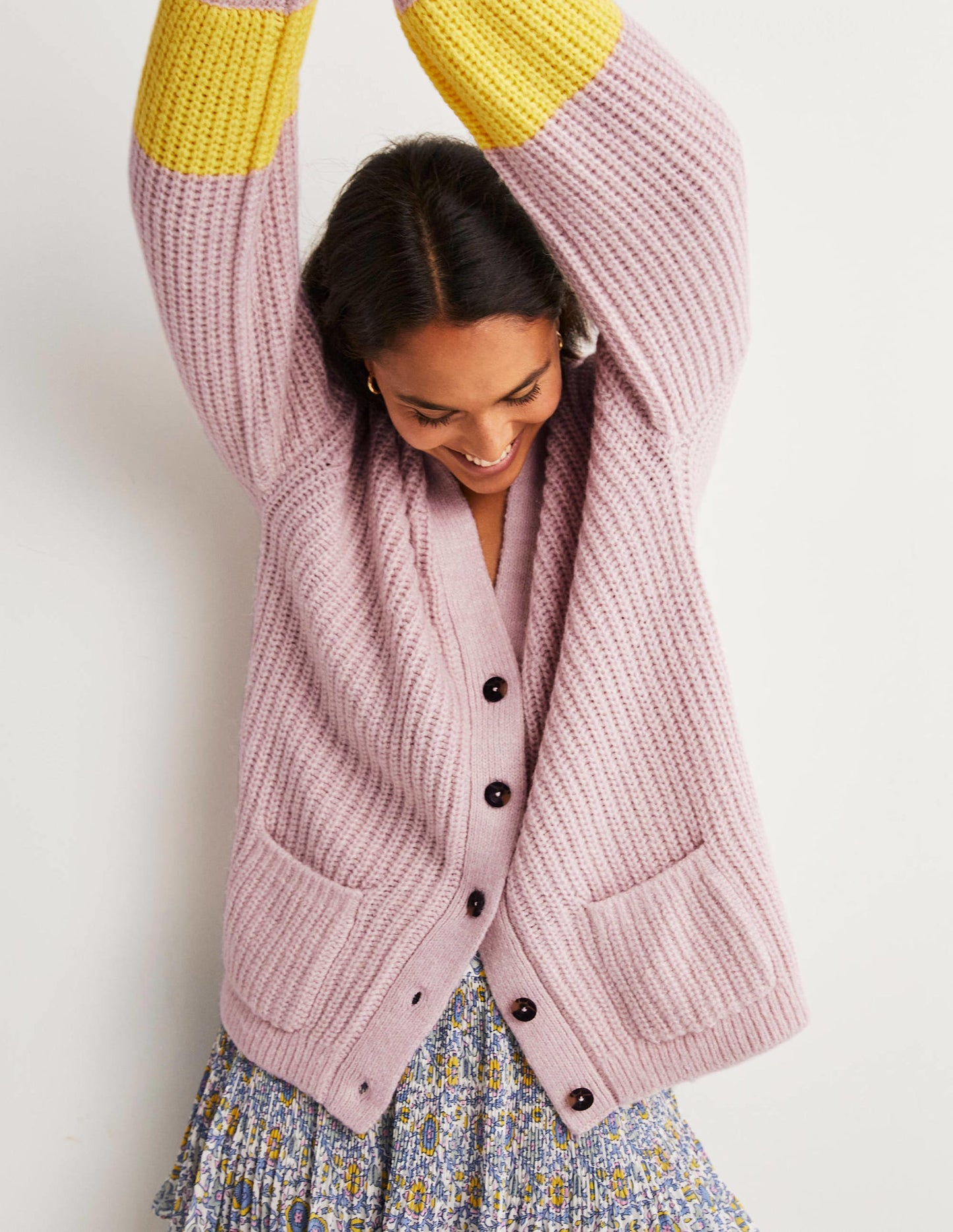Fluffy Rib Relaxed Cardigan-Milkshake Pink, Neon Yellow