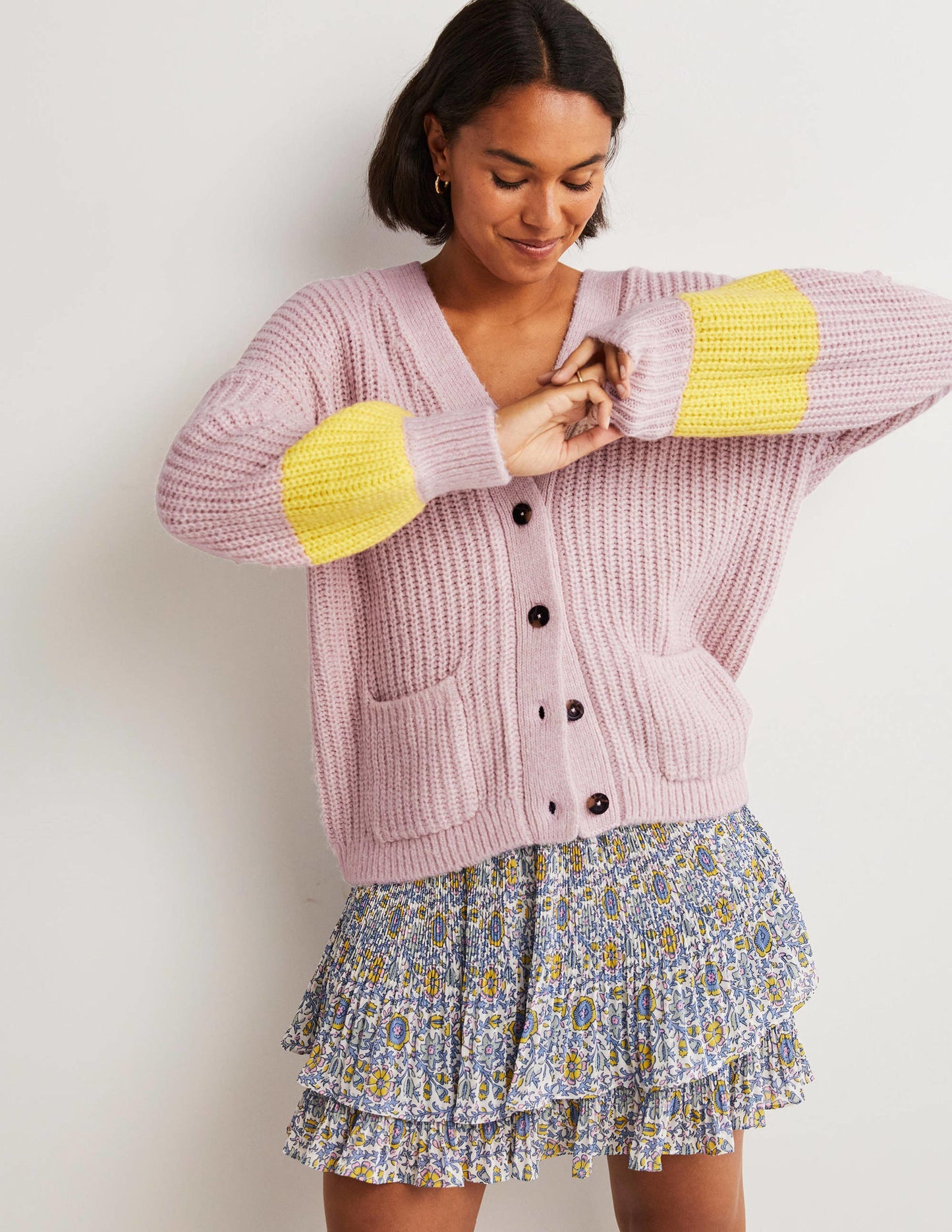 Fluffy Rib Relaxed Cardigan-Milkshake Pink, Neon Yellow