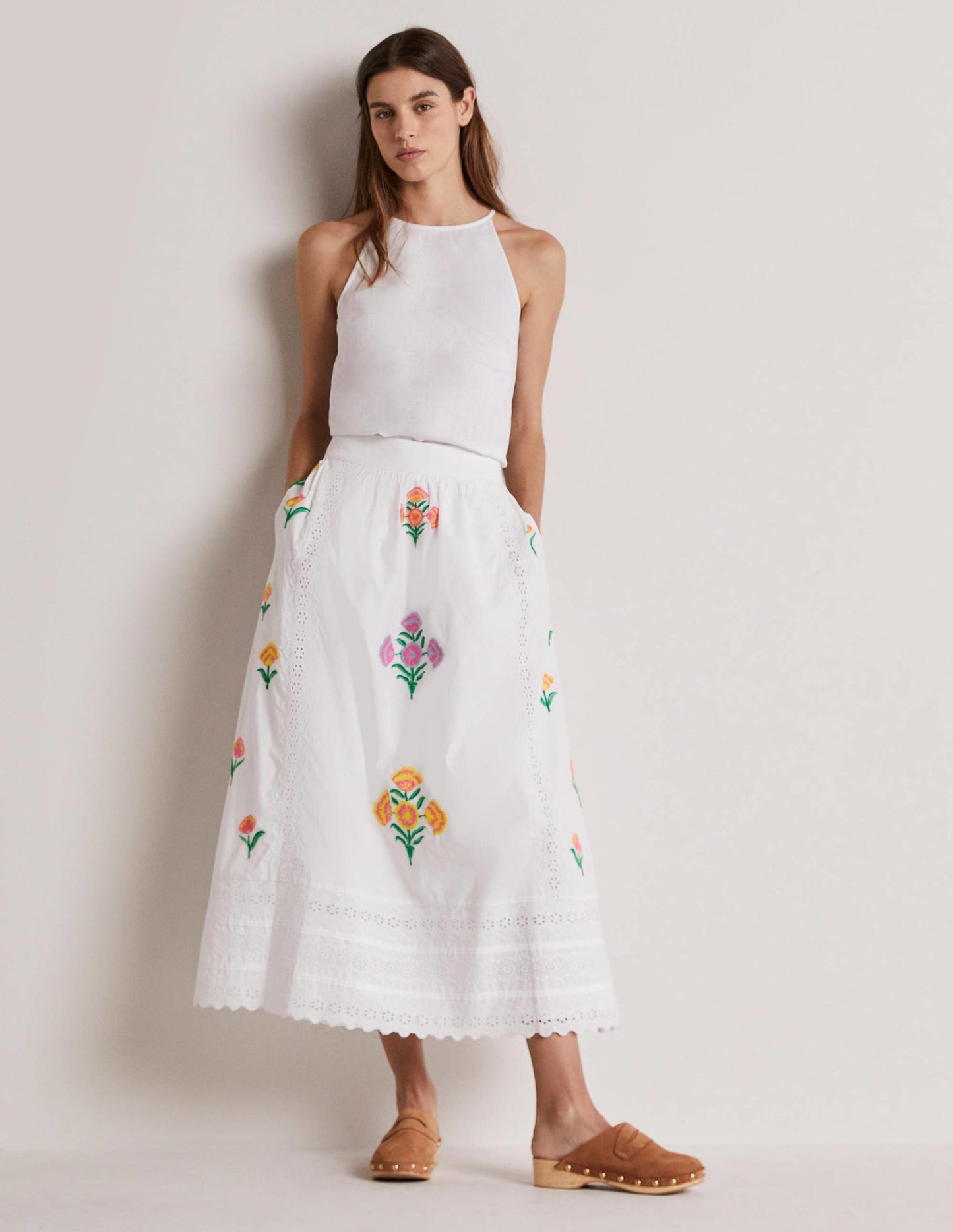 Embroidered Full Midi Skirt-White, Embroidered