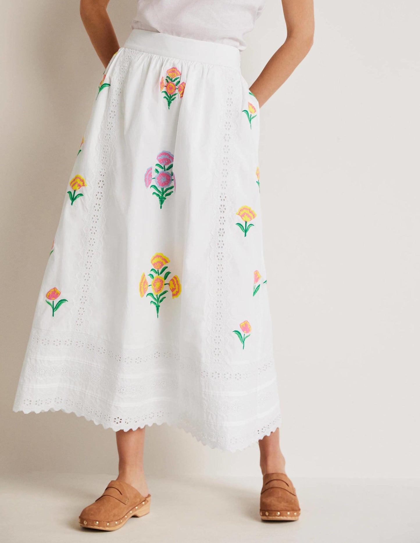 Embroidered Full Midi Skirt-White, Embroidered