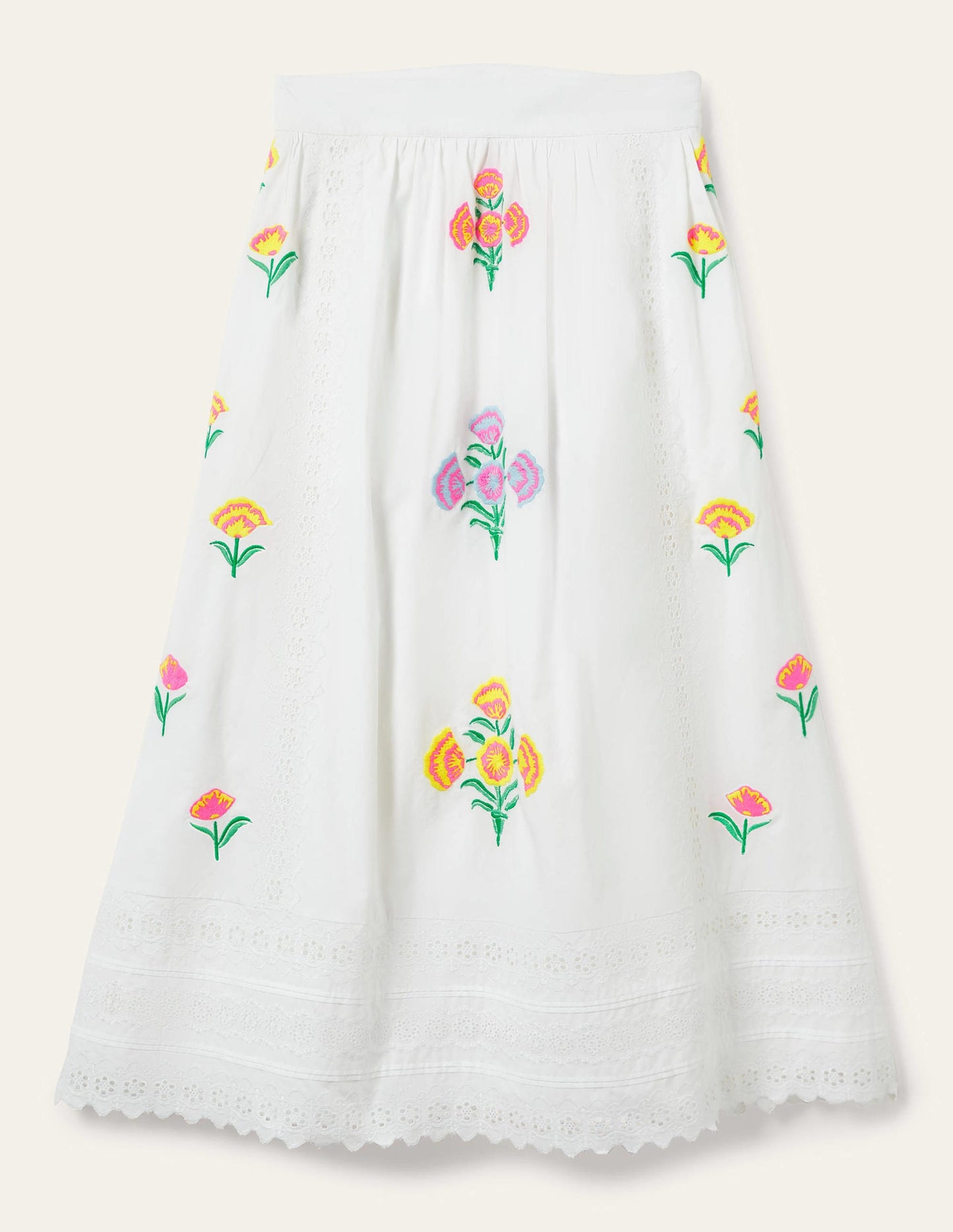 Embroidered Full Midi Skirt-White, Embroidered