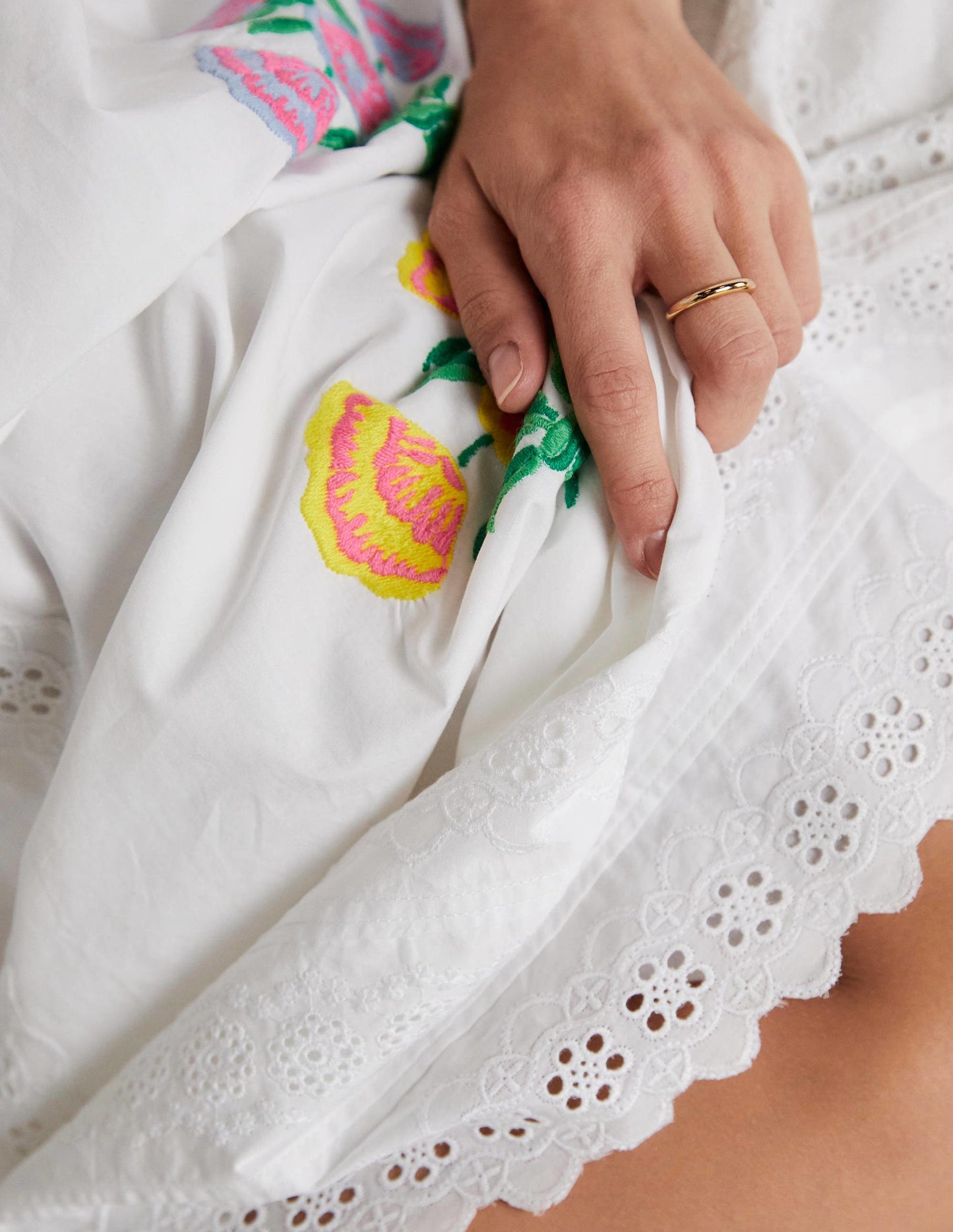 Embroidered Full Midi Skirt-White, Embroidered