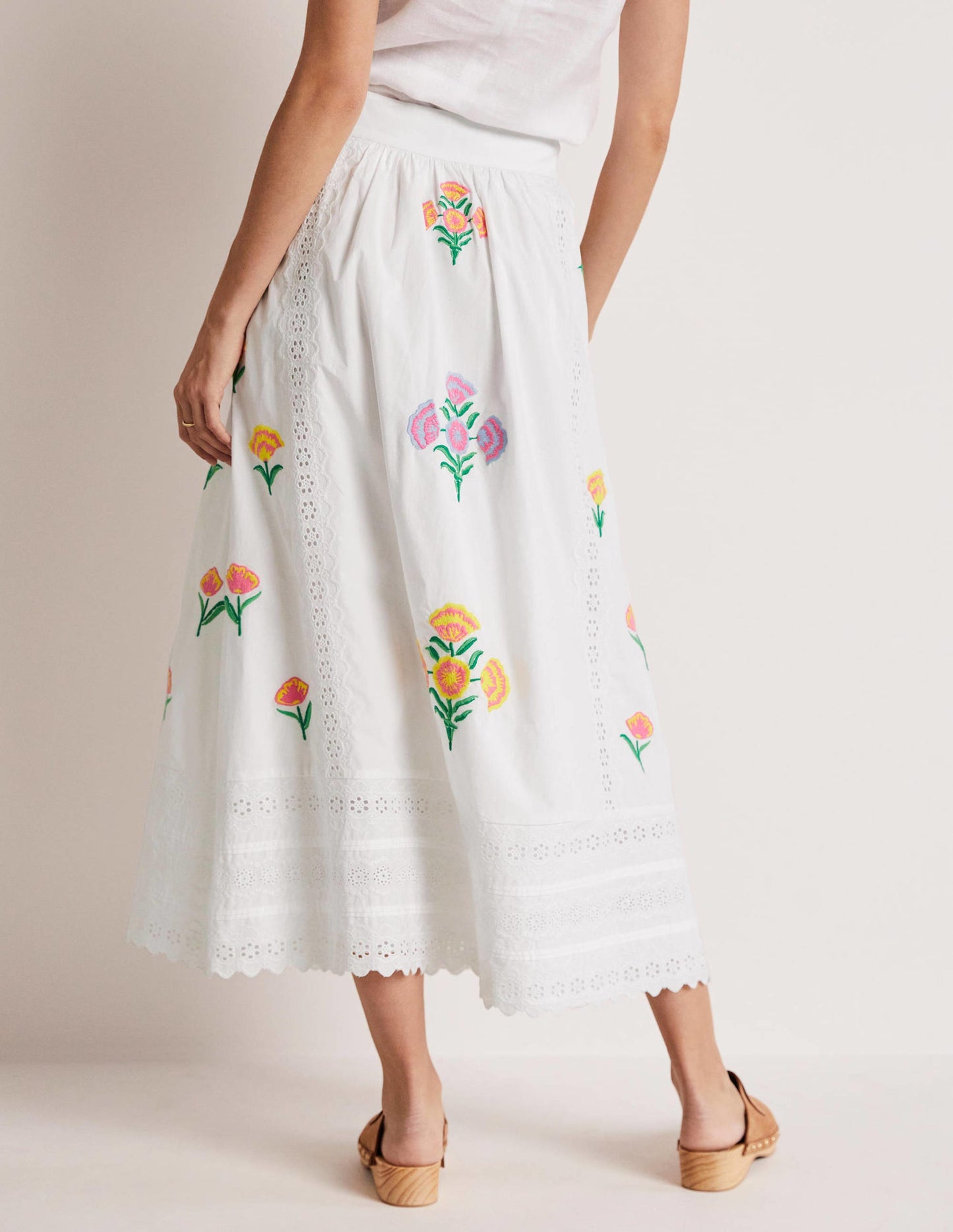 Embroidered Full Midi Skirt-White, Embroidered