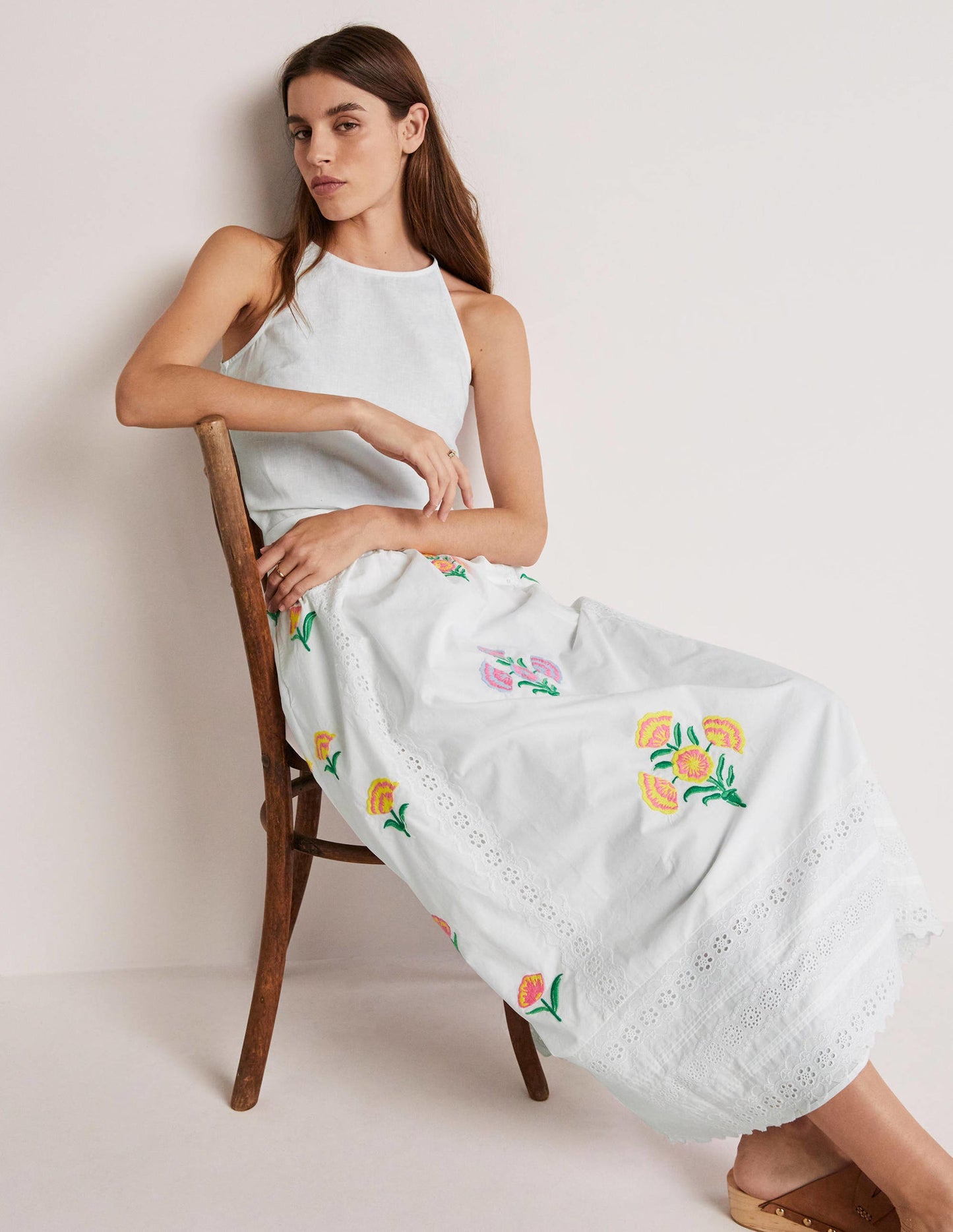 Embroidered Full Midi Skirt-White, Embroidered