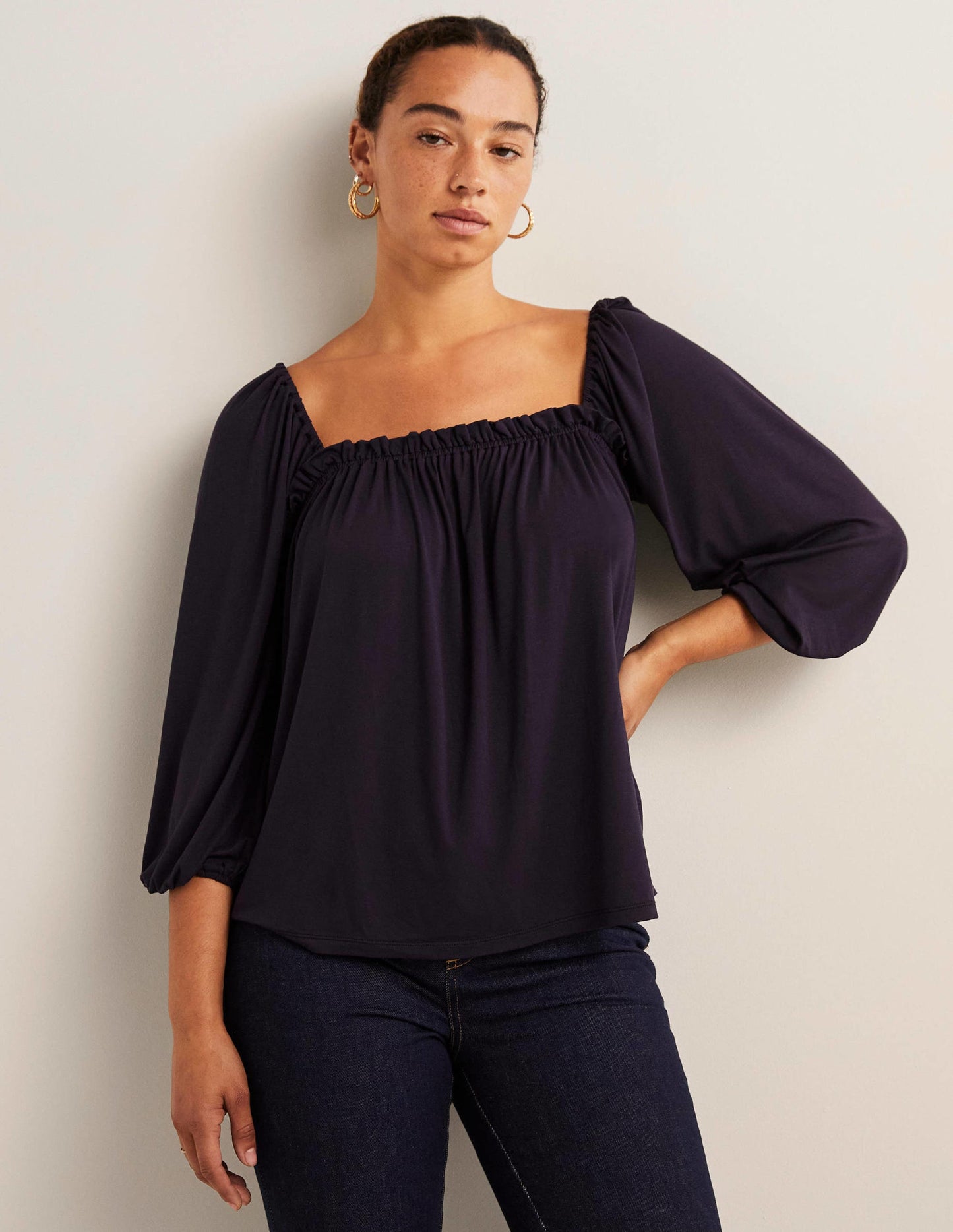 Square Neck Swing Jersey Top-Navy