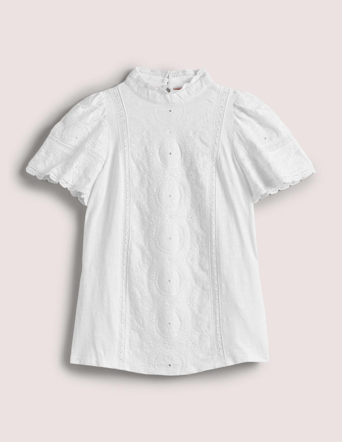 Broderie High Neck Jersey Top-White
