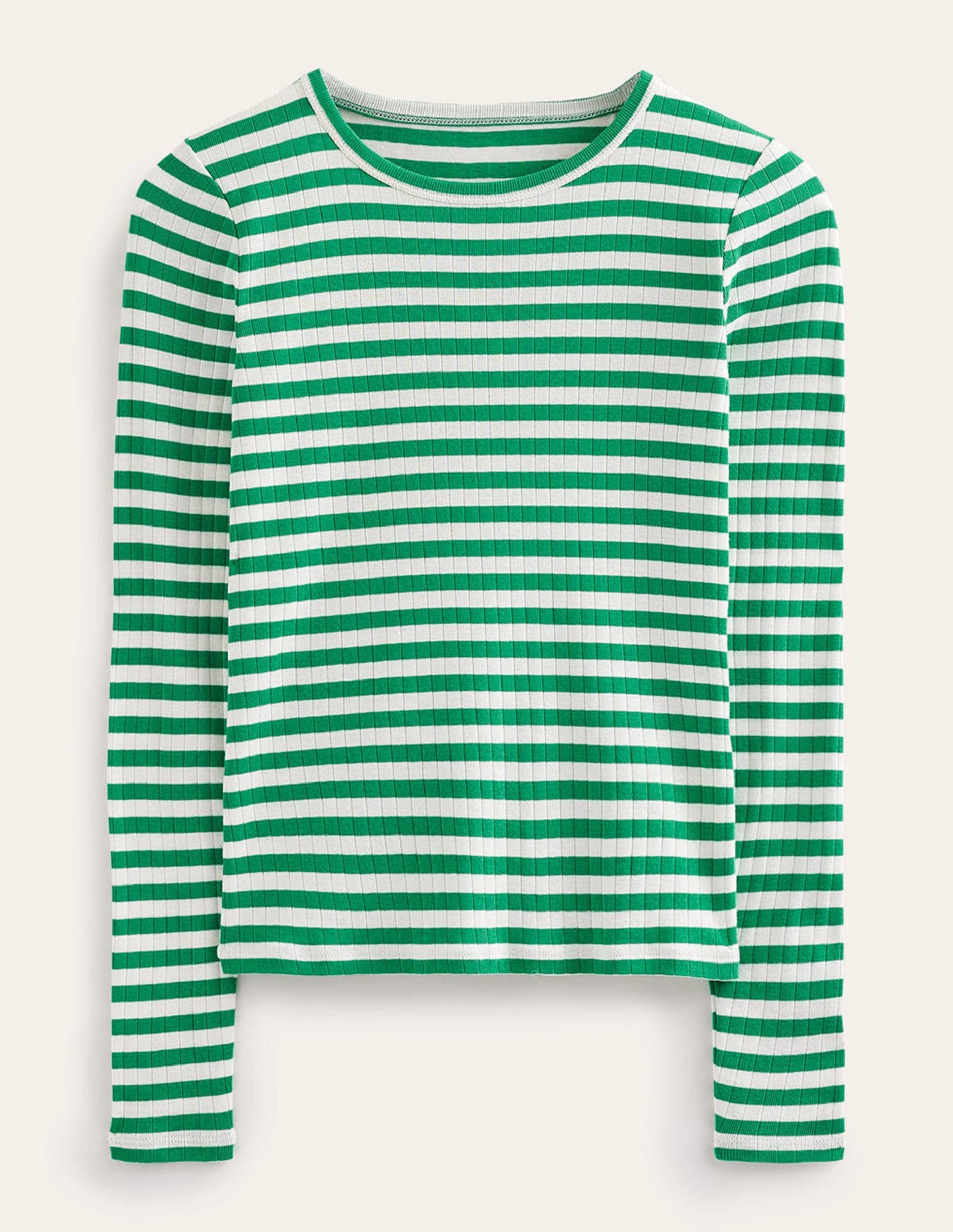 Anna Rib Crew T-Shirt-Meadow Green, Ivory Stripe