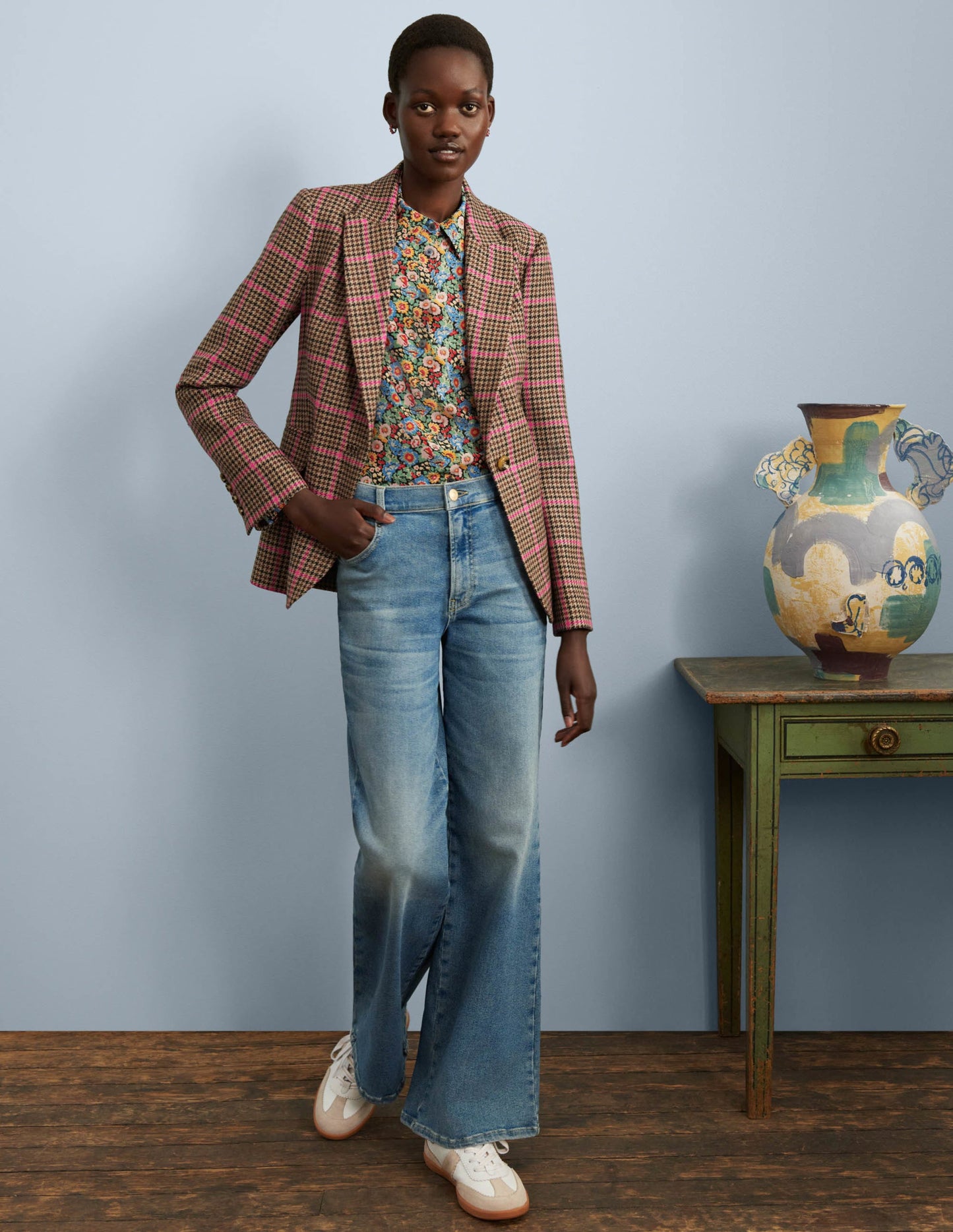 70s Tailored Blazer-Brown and Pink Check