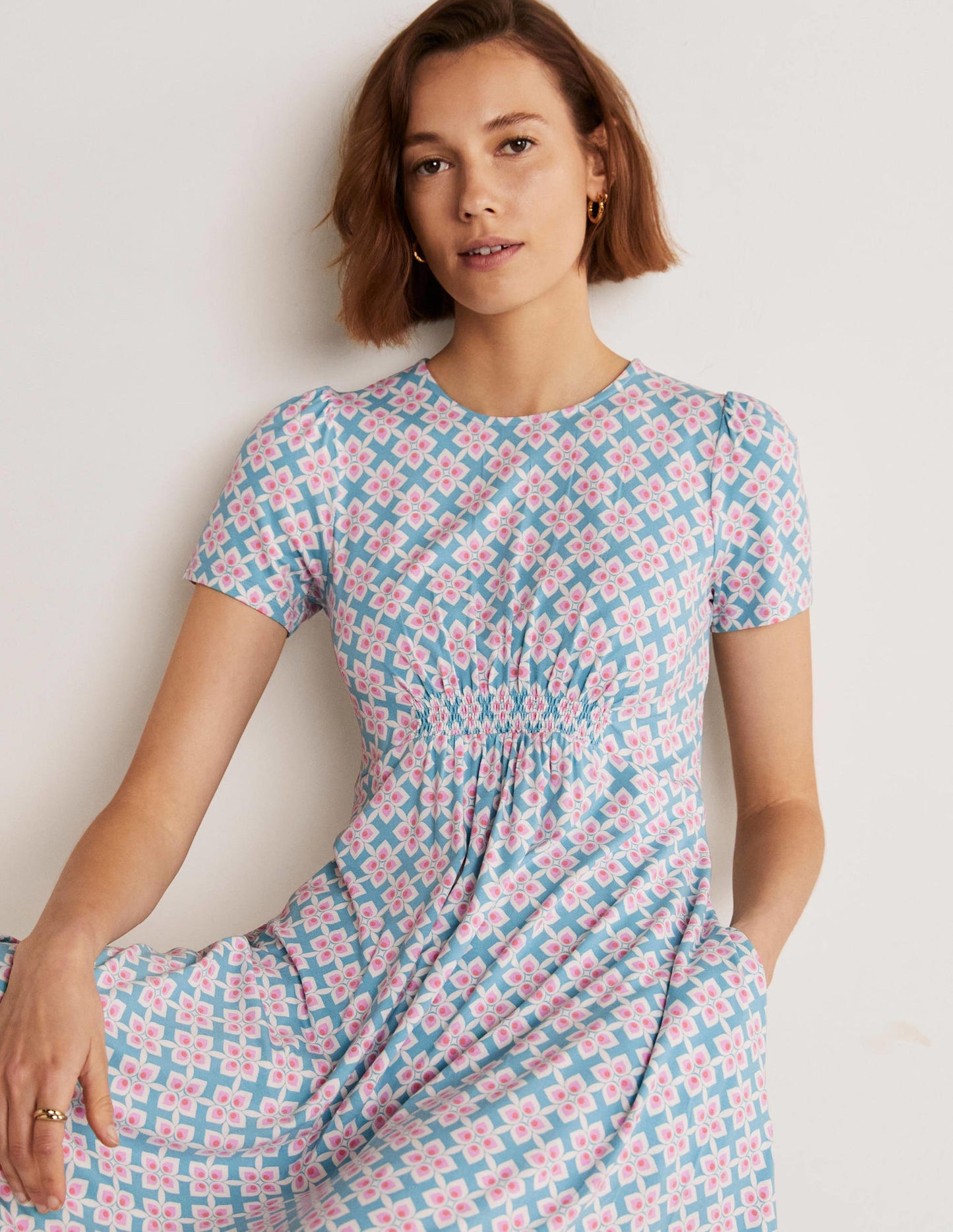 Crew Neck Jersey Dress-Coastal Shade, Diamond Leaf
