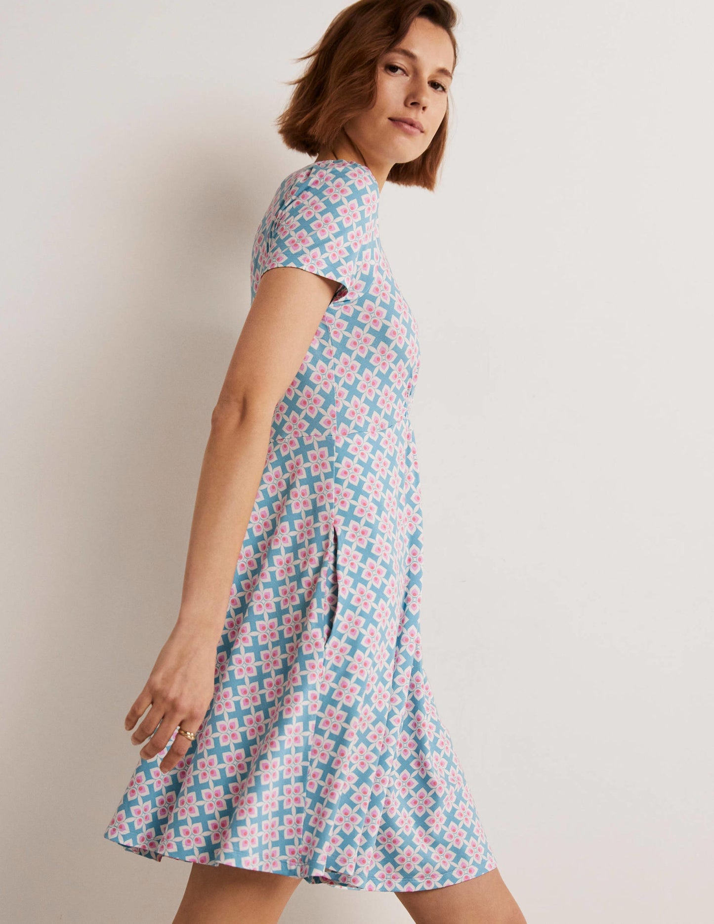 Crew Neck Jersey Dress-Coastal Shade, Diamond Leaf