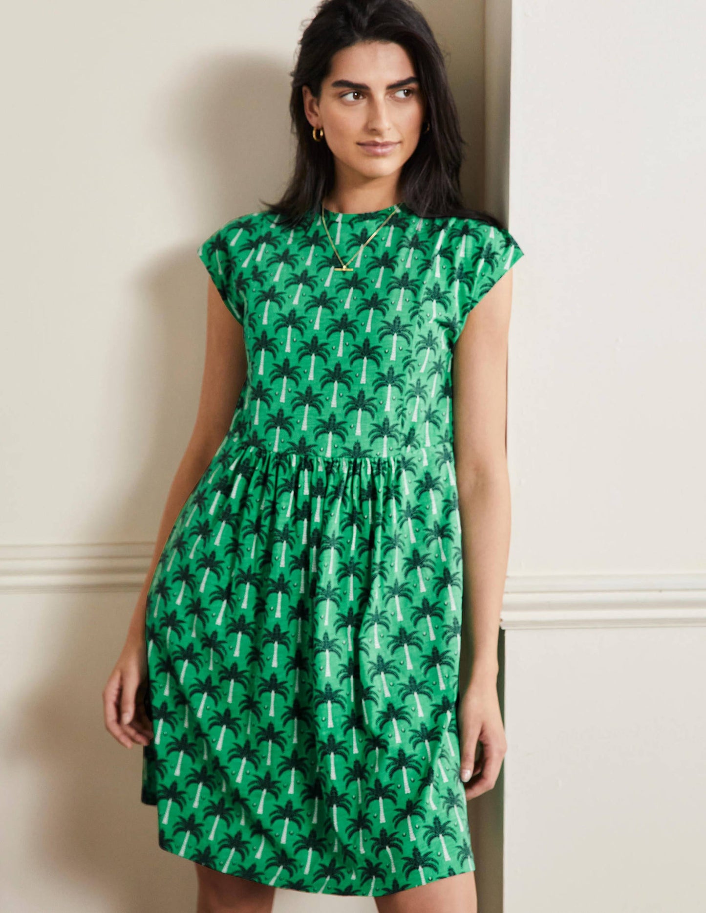 Jersey T-Shirt Dress-Green Lagoon, Paradise Palm